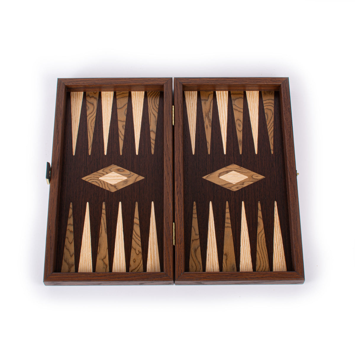 Open handcrafted wenge and walnut burl backgammon board with elegant marquetry inlay, a luxury game set by MANOPOULOS Chess and Backgammon