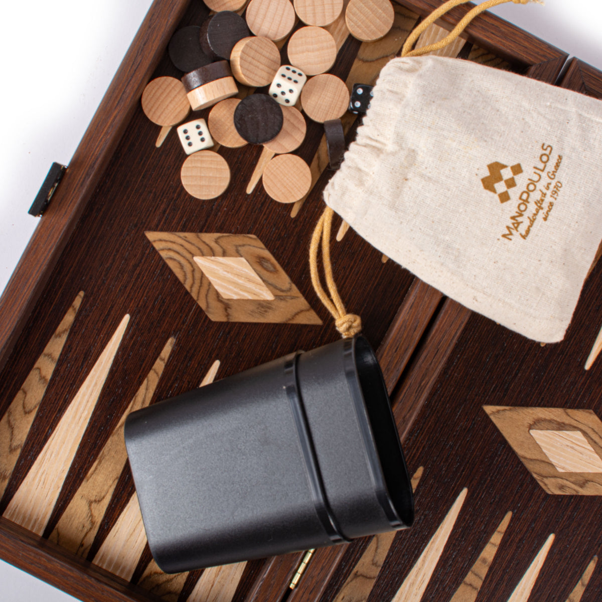 Open handcrafted wooden backgammon board with marquetry inlays, checkers, dice, dice cup and storage pouch by MANOPOULOS Chess and Backgammon