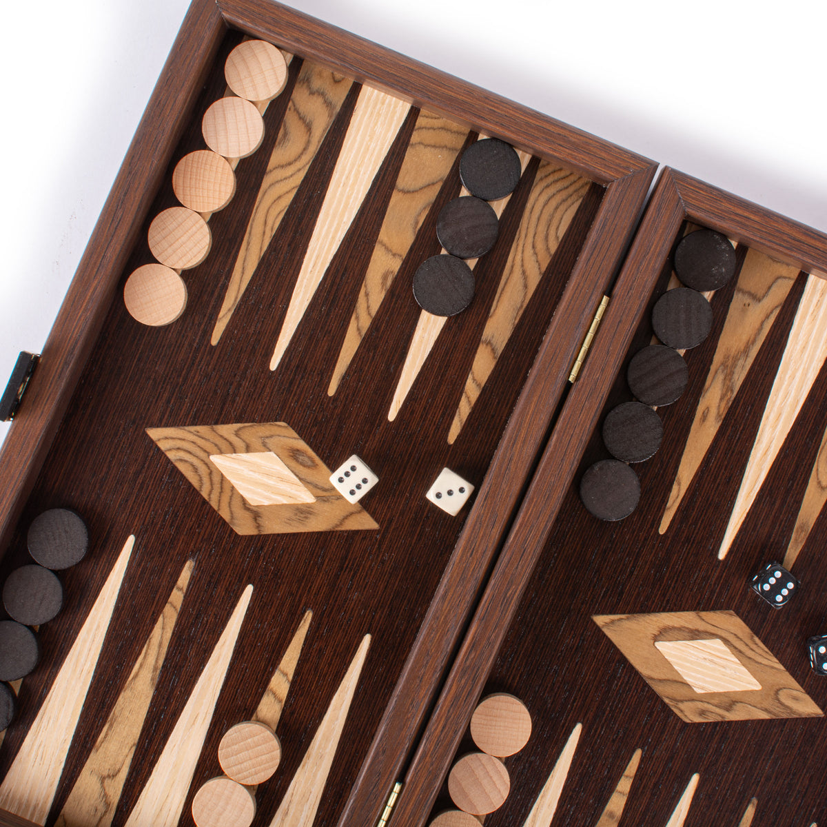 Open wenge and walnut burl backgammon set with elegant marquetry details dark and light playing pieces and dice by Manopoulos Chess and Backgammon