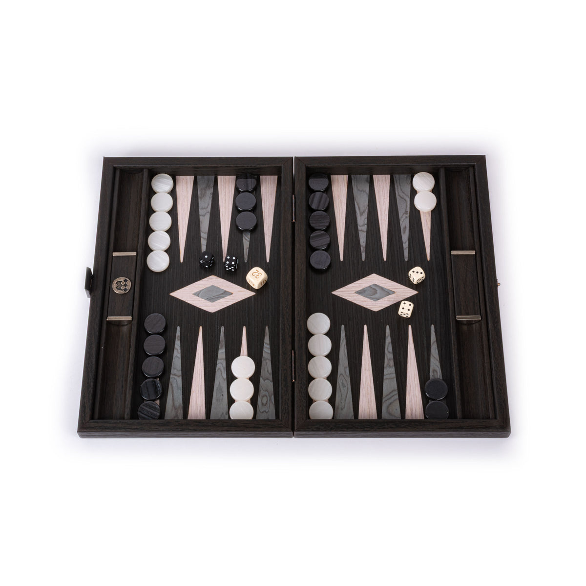 Premium pearly grey Vavona backgammon set by MANOPOULOS Chess and Backgammon with dark wooden board white and black checkers dice and elegant geometric details