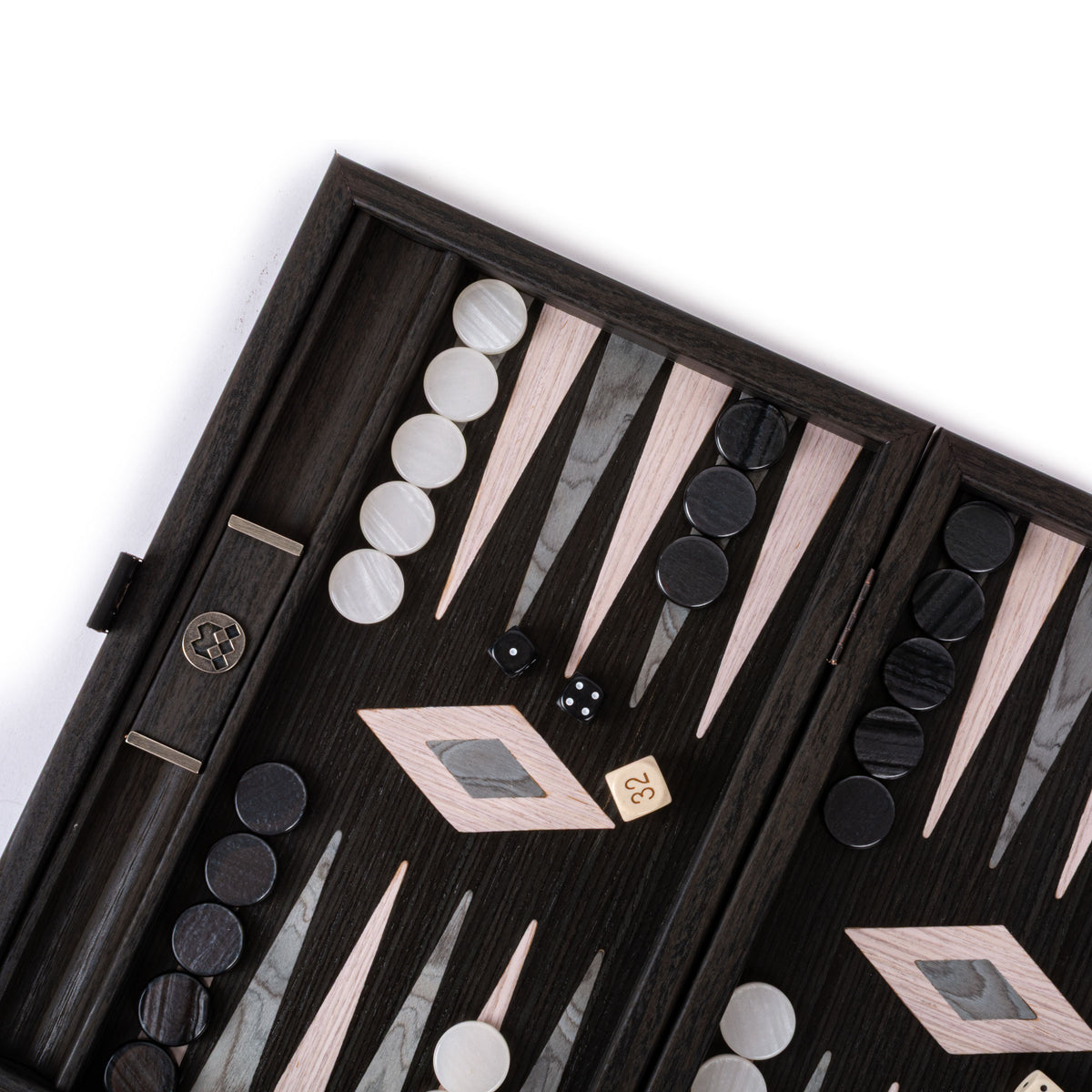 Open luxury backgammon set with dark Vavona wood pearly grey and pink points black and white checkers and dice by MANOPOULOS Chess and Backgammon