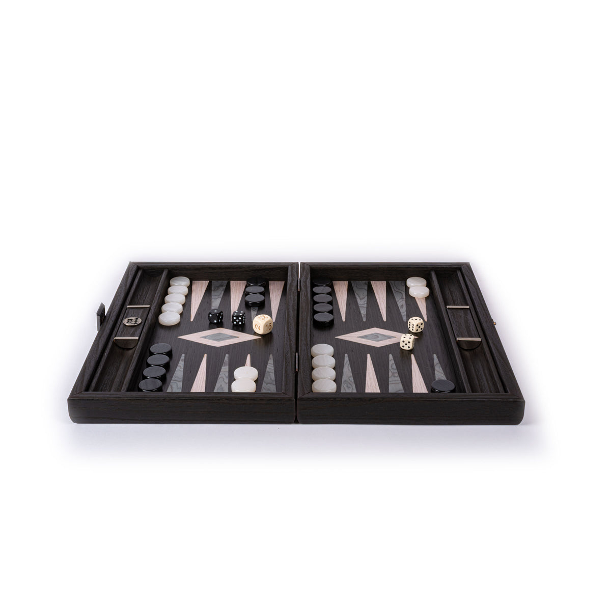 Open luxury backgammon set with dark wood board pearly grey pieces and dice handcrafted in Greece by MANOPOULOS Chess and Backgammon
