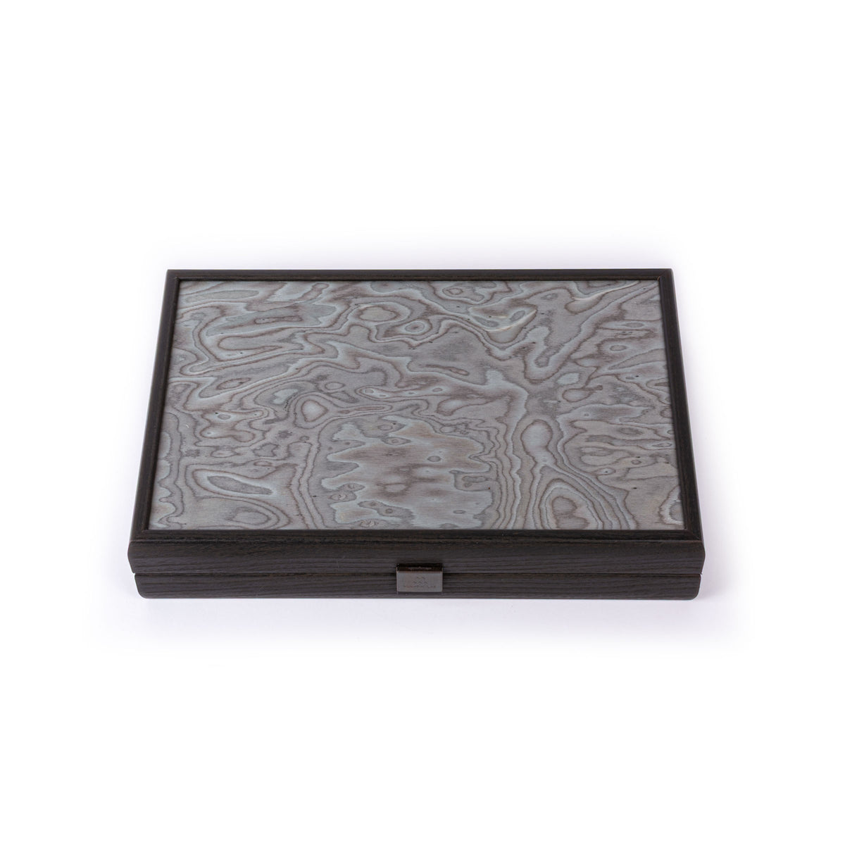 Closed premium backgammon set with pearly grey vavona burl veneer dark wood frame and clasp showcasing Manopoulos handcrafted Greek craftsmanship and timeless luxury design