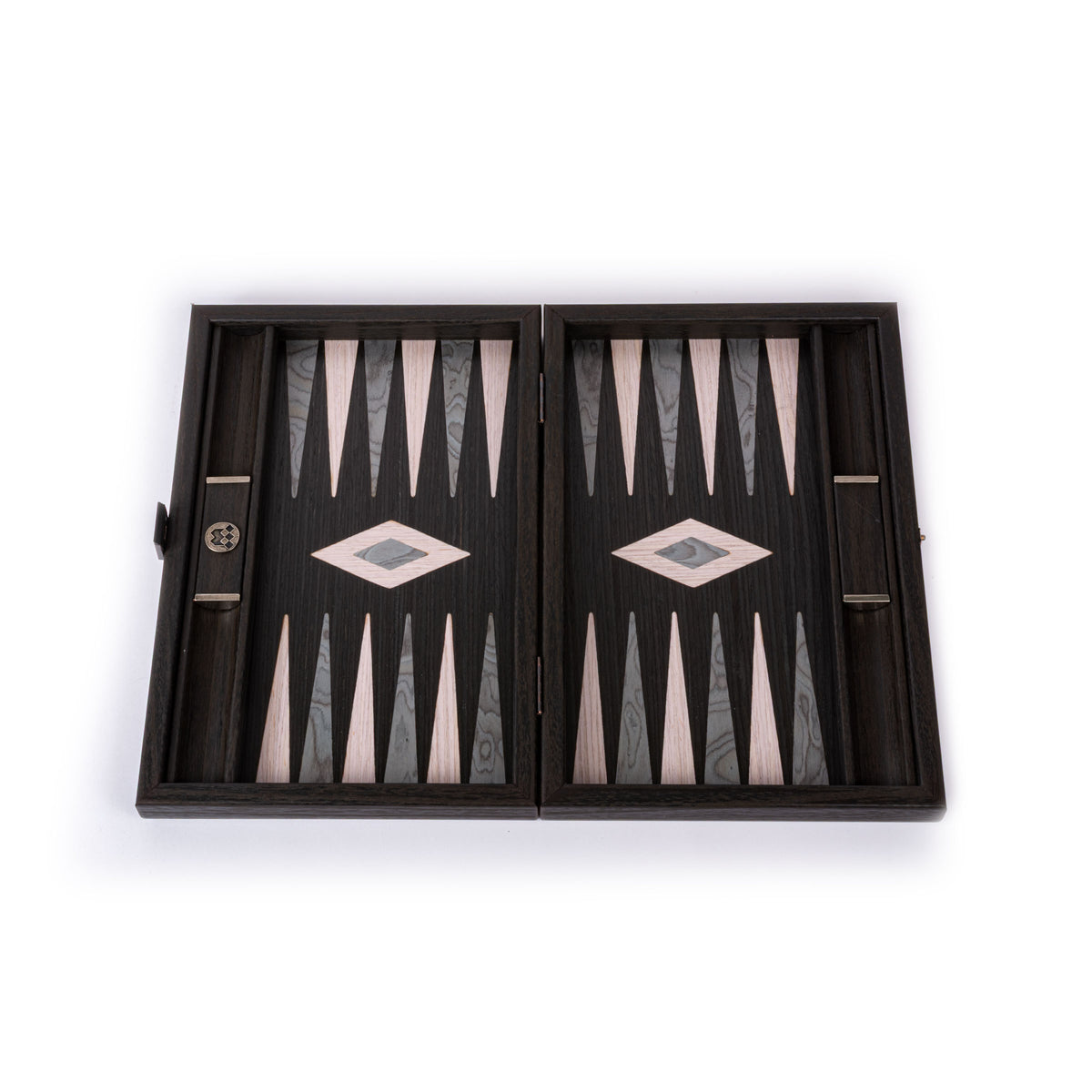 Open pearly grey and dark wood backgammon board with geometric inlays showcasing Greek craftsmanship by MANOPOULOS Chess and Backgammon for elegant home decor