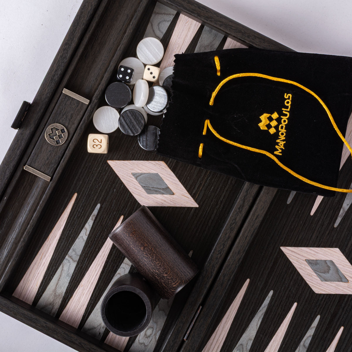 Open luxury backgammon set with dark vavona wood, pearly playing pieces, dice, cups and velvet pouch by MANOPOULOS Chess and Backgammon