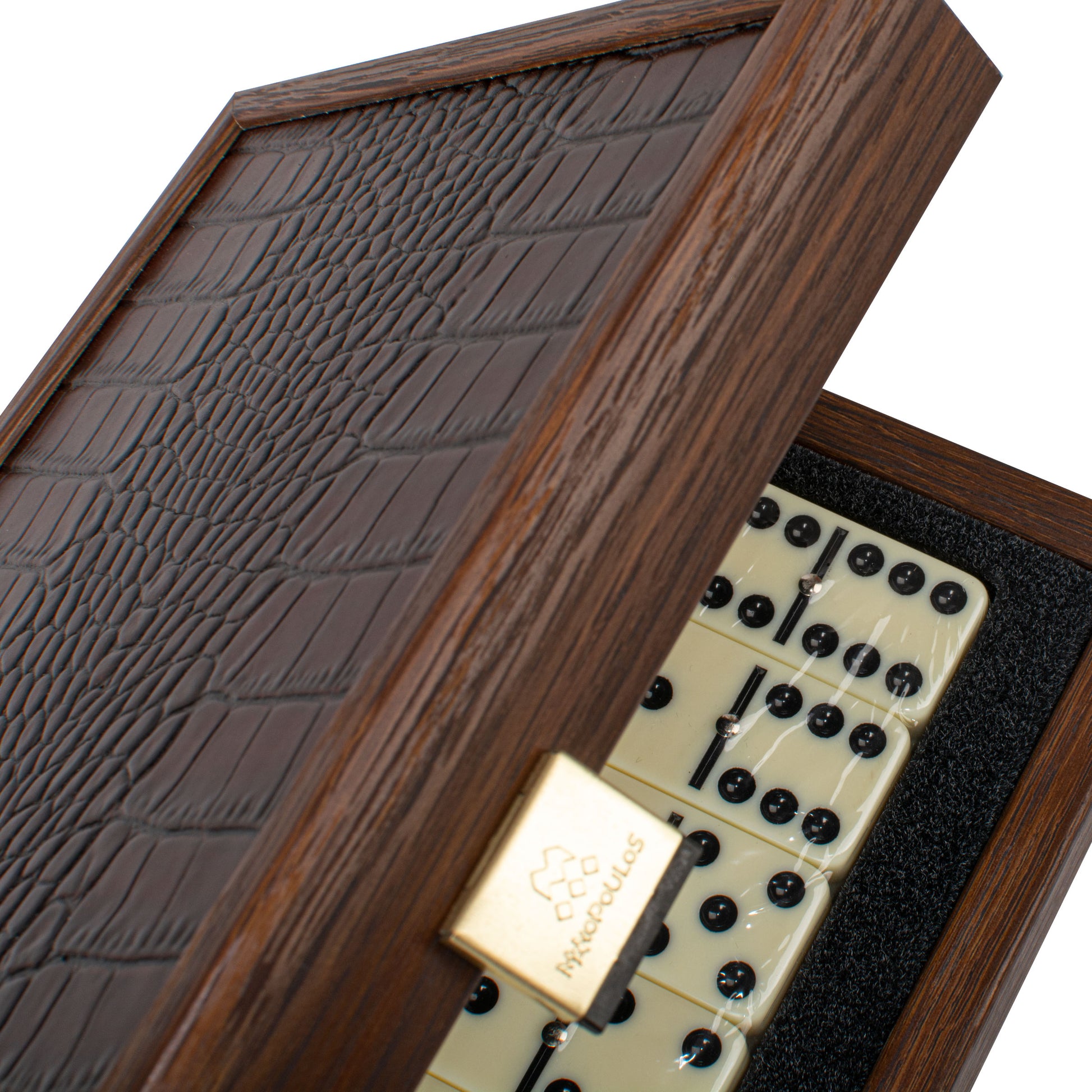 Luxury Domino Set in Brown Leather Crocodile toter with Wooden Case - Premium Dominoes from MANOPOULOS Chess & Backgammon - Just €62.50! Shop now at MANOPOULOS Chess & Backgammon