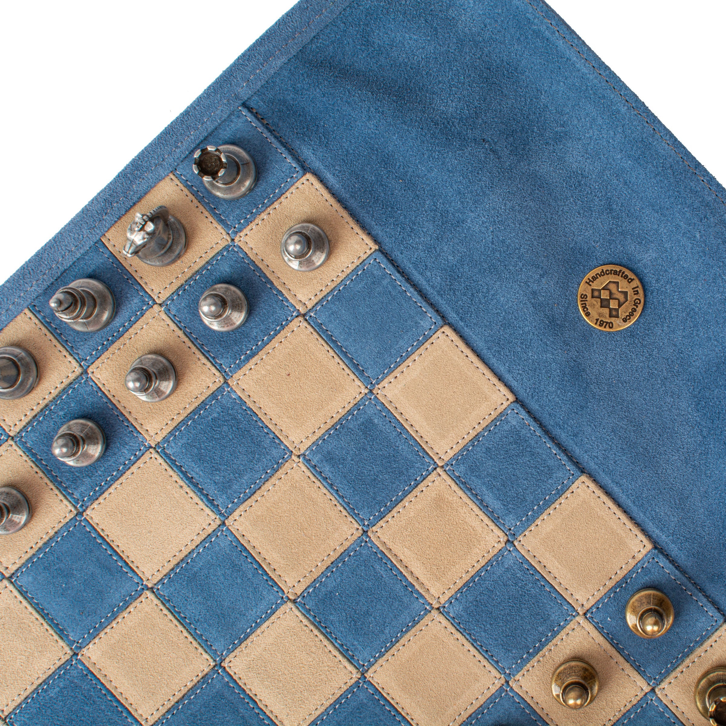 Premium Handcrafted Denim Blue Suede Roll-Up Chess Set with Metal Chessmen - Premium Chess from MANOPOULOS Chess & Backgammon - Just €192! Shop now at MANOPOULOS Chess & Backgammon