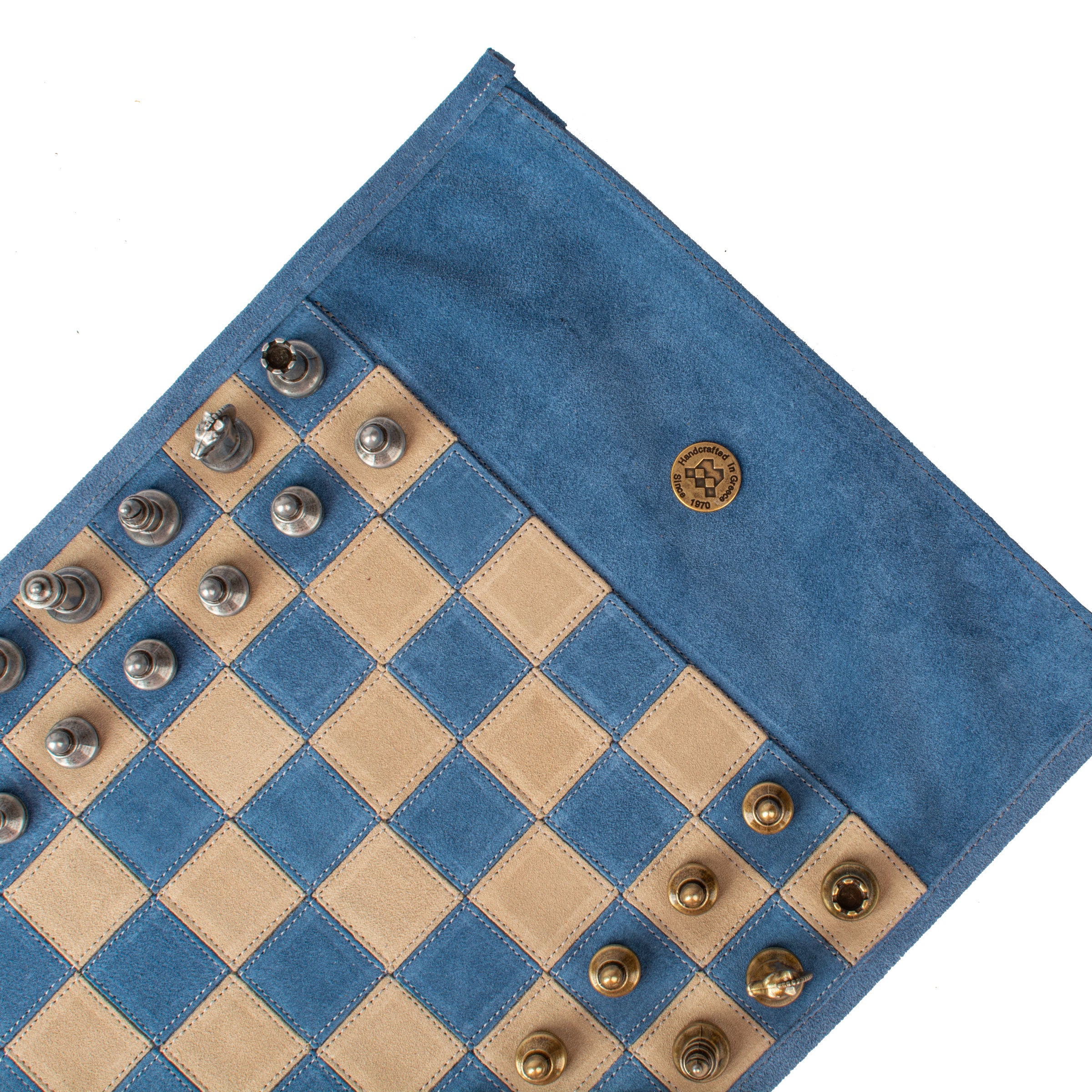 Premium Handcrafted Denim Blue Suede Roll-Up Chess Set with Metal Chessmen - Premium Chess from MANOPOULOS Chess & Backgammon - Just €192! Shop now at MANOPOULOS Chess & Backgammon