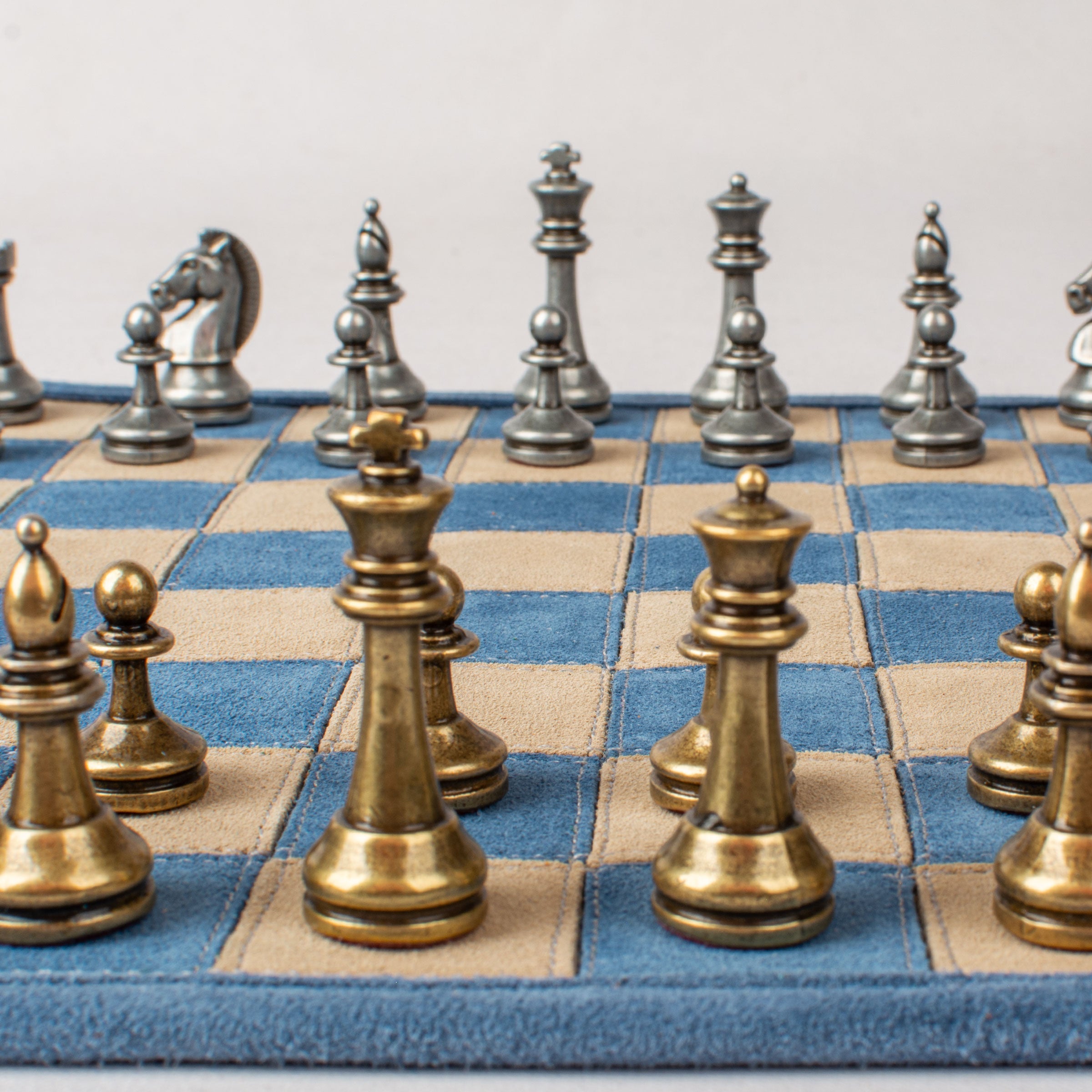 Premium Denim Blue Suede Roll-Up Chess Set with Metal Pieces