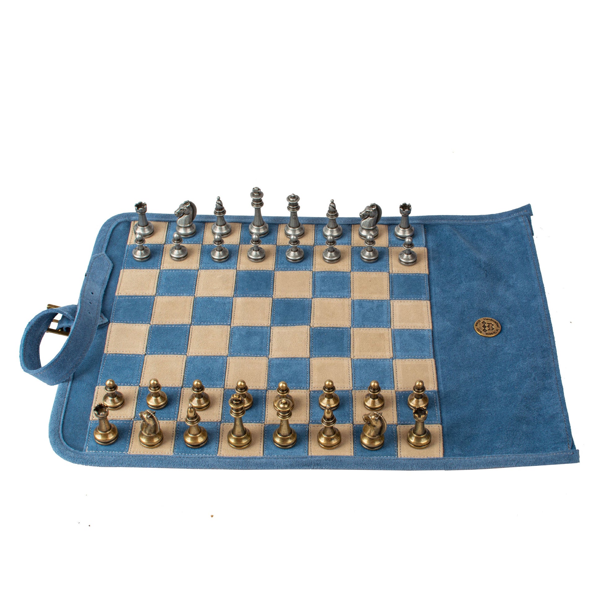 Premium Handcrafted Denim Blue Suede Roll-Up Chess Set with Metal Chessmen - Premium Chess from MANOPOULOS Chess & Backgammon - Just €192! Shop now at MANOPOULOS Chess & Backgammon