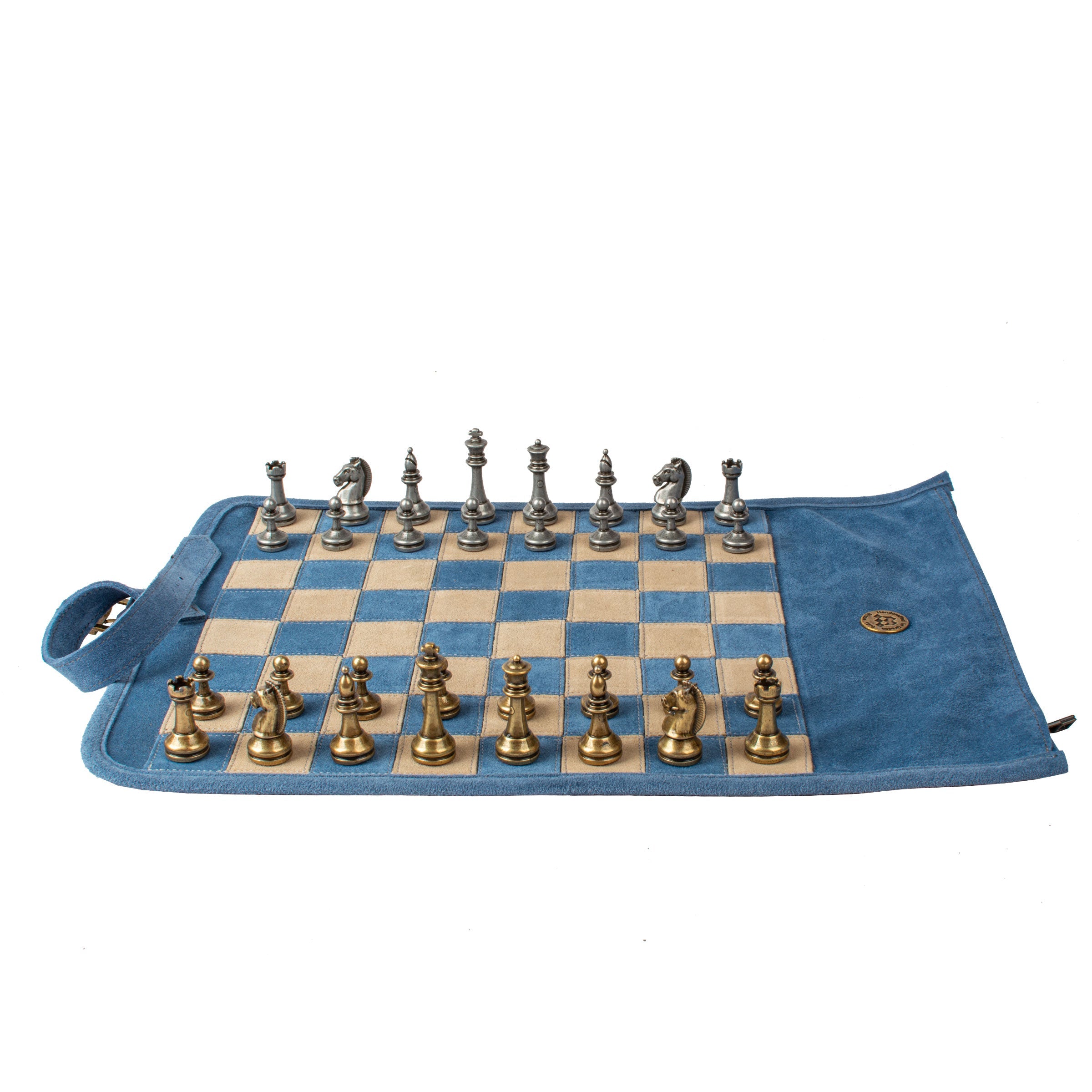Premium Handcrafted Denim Blue Suede Roll-Up Chess Set with Metal Chessmen - Premium Chess from MANOPOULOS Chess & Backgammon - Just €192! Shop now at MANOPOULOS Chess & Backgammon