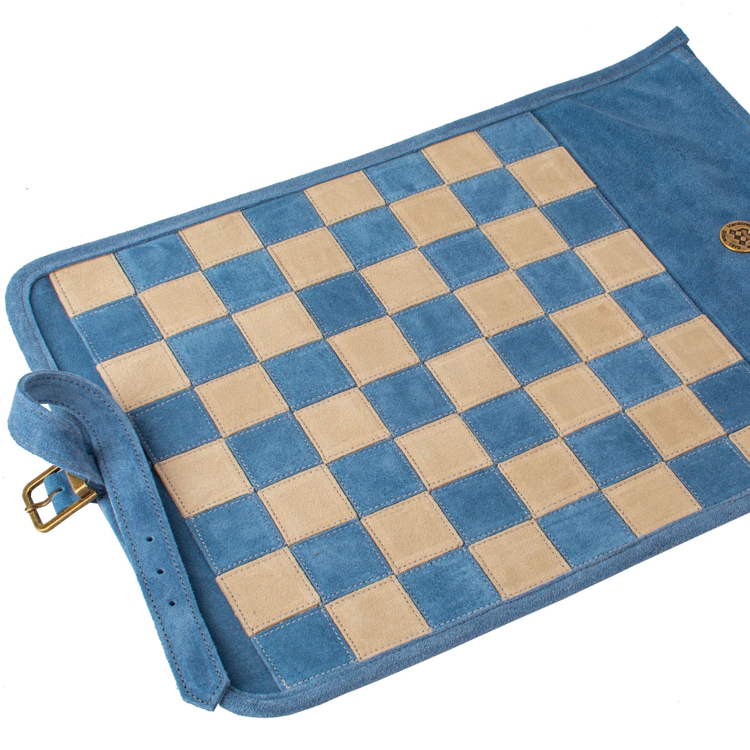 Premium Handcrafted Denim Blue Suede Roll-Up Chess Set with Metal Chessmen - Premium Chess from MANOPOULOS Chess & Backgammon - Just €192! Shop now at MANOPOULOS Chess & Backgammon