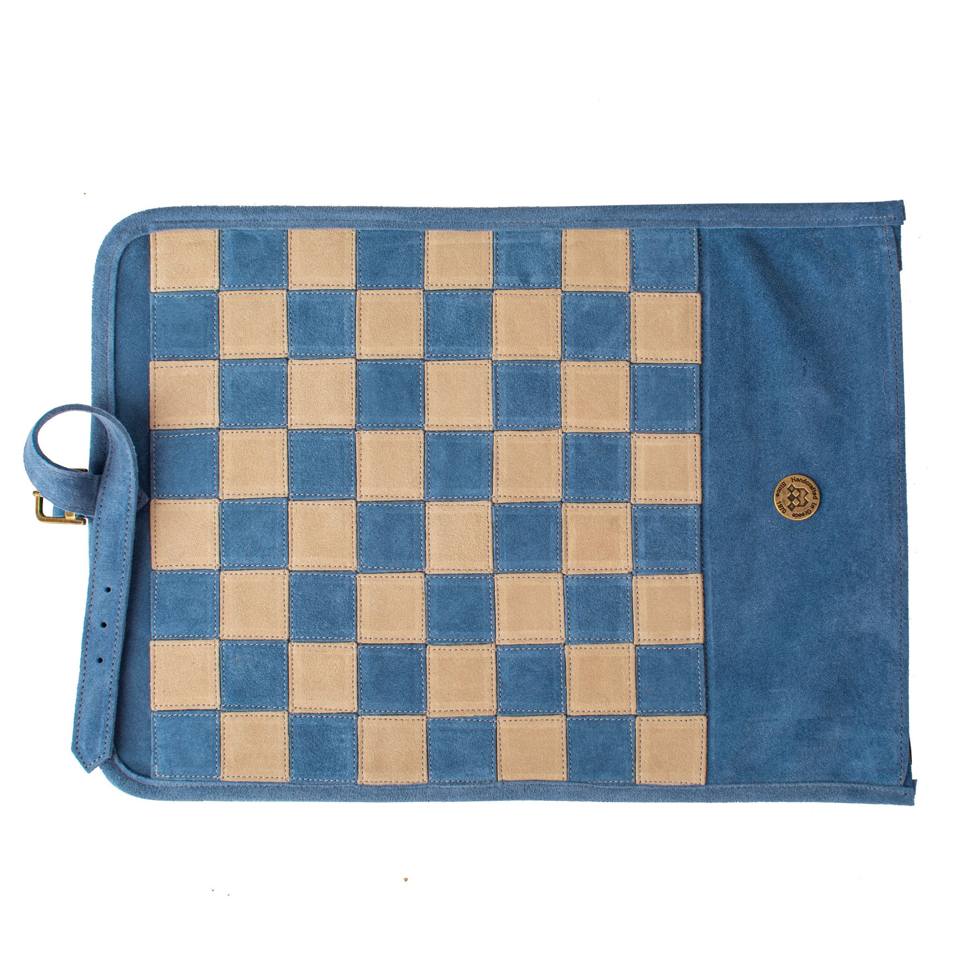 Premium Handcrafted Denim Blue Suede Roll-Up Chess Set with Metal Chessmen - Premium Chess from MANOPOULOS Chess & Backgammon - Just €192! Shop now at MANOPOULOS Chess & Backgammon