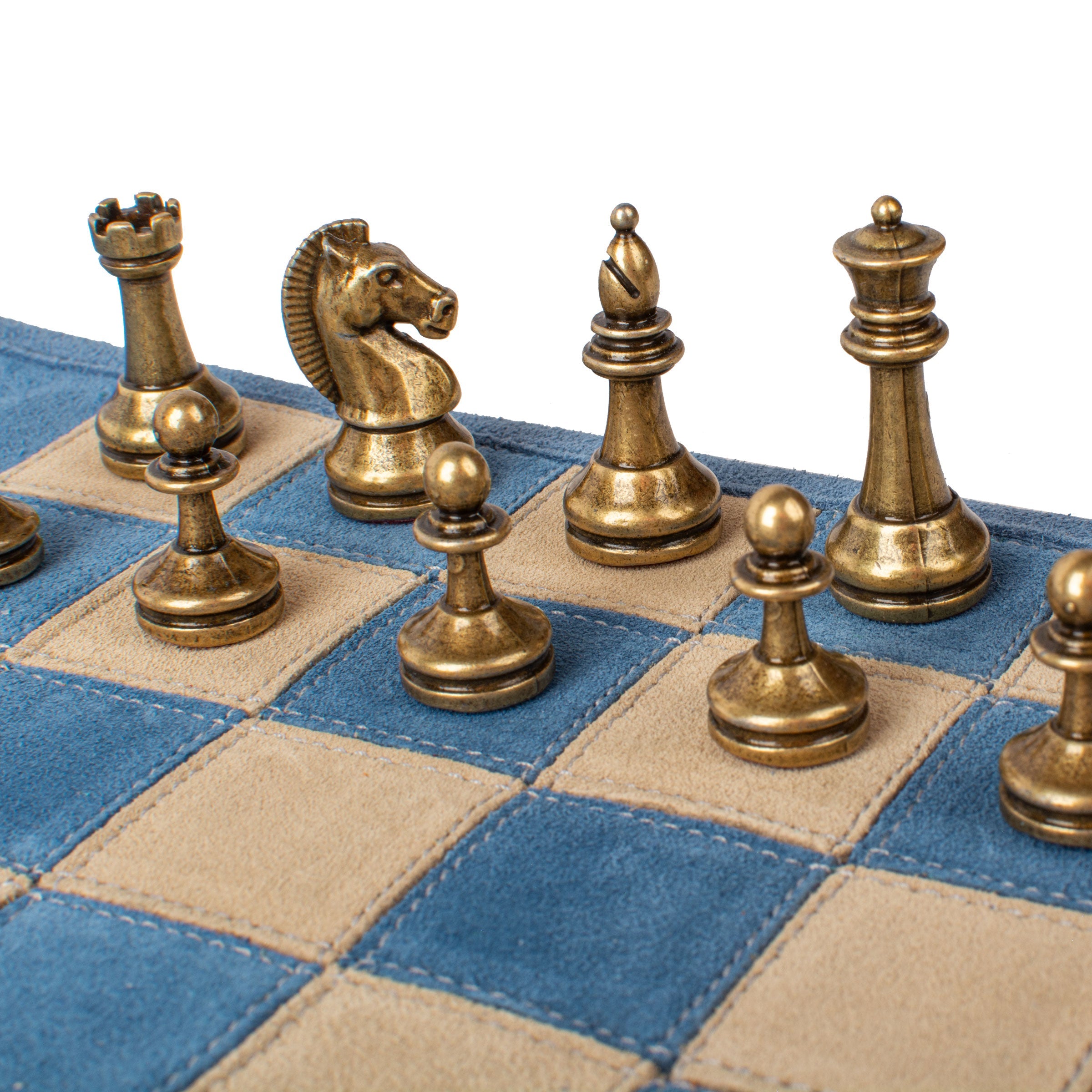 Premium Denim Blue Suede Roll-Up Chess Set with Metal Pieces