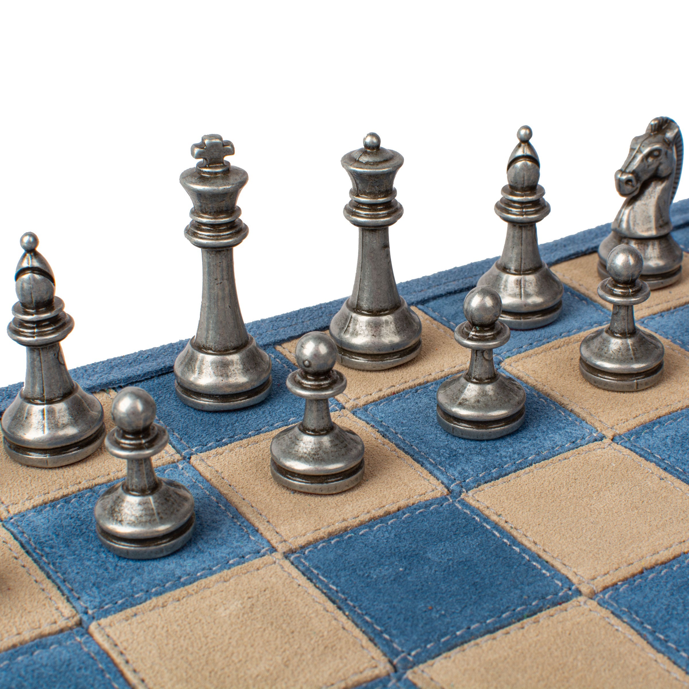Premium Handcrafted Denim Blue Suede Roll-Up Chess Set with Metal