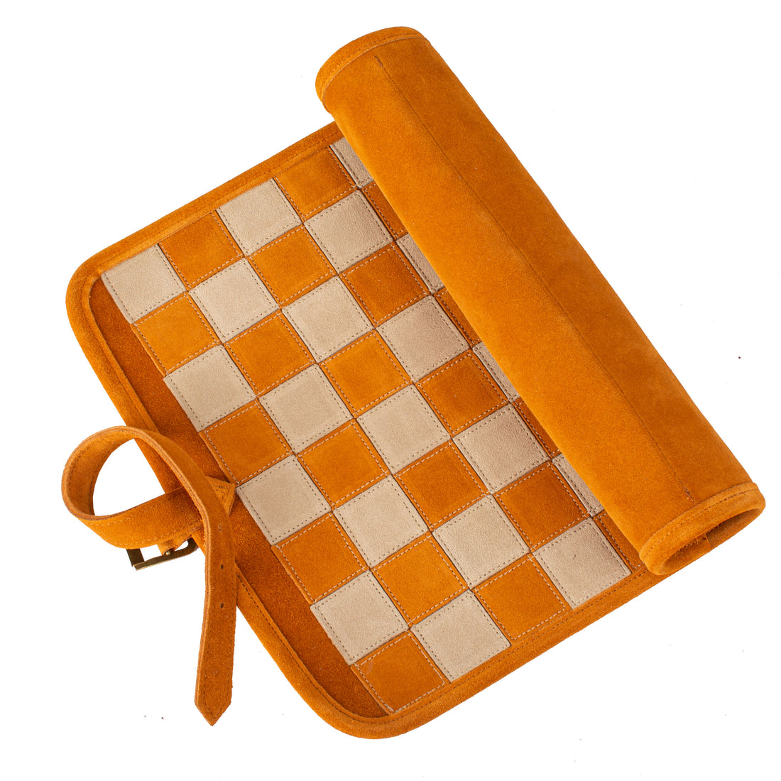 Premium Handcrafted Cinnamon Brown Suede Roll-Up Chess Set with Metal Chessmen - Premium Chess from MANOPOULOS Chess & Backgammon - Just €192! Shop now at MANOPOULOS Chess & Backgammon