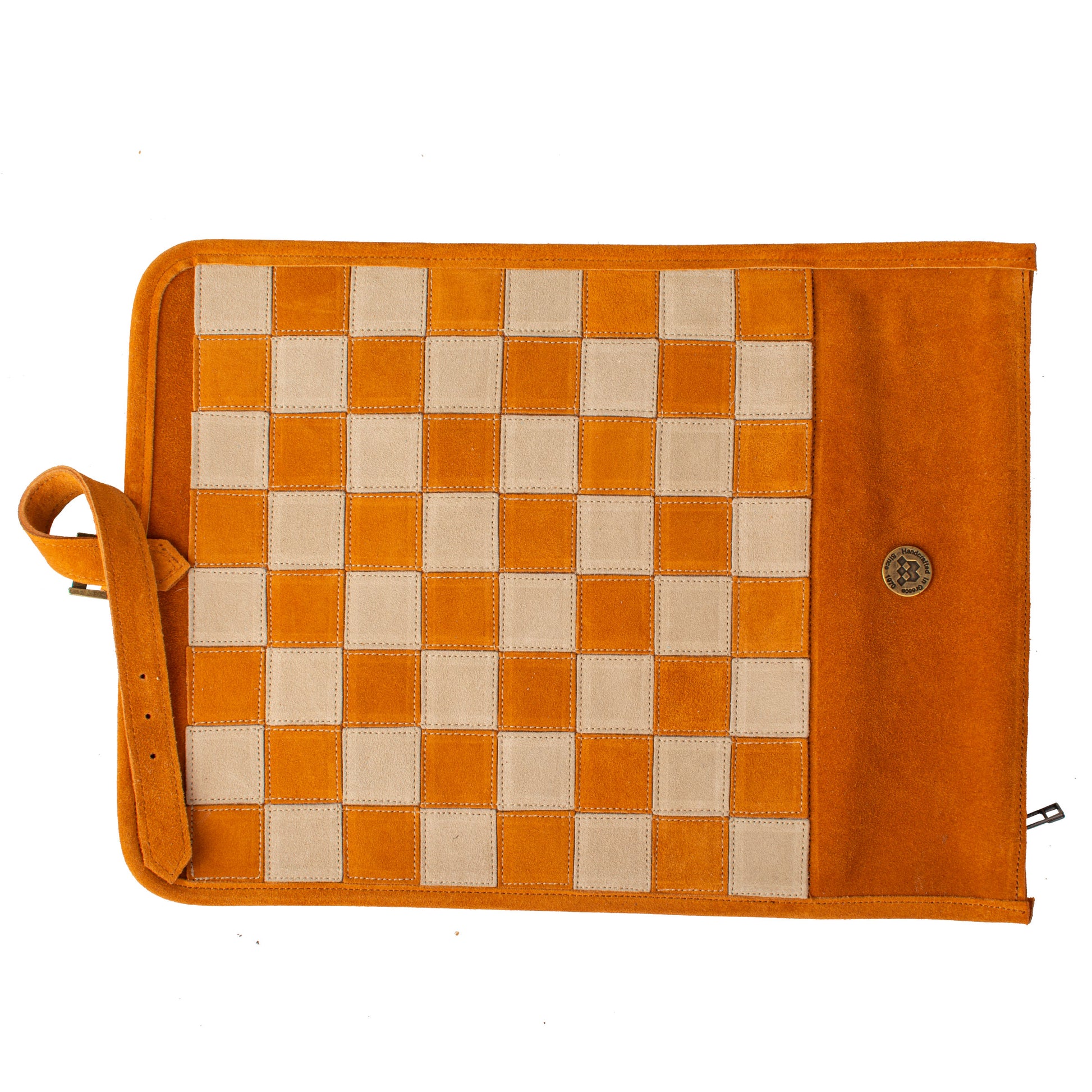 Premium Handcrafted Cinnamon Brown Suede Roll-Up Chess Set with Metal Chessmen - Premium Chess from MANOPOULOS Chess & Backgammon - Just €192! Shop now at MANOPOULOS Chess & Backgammon