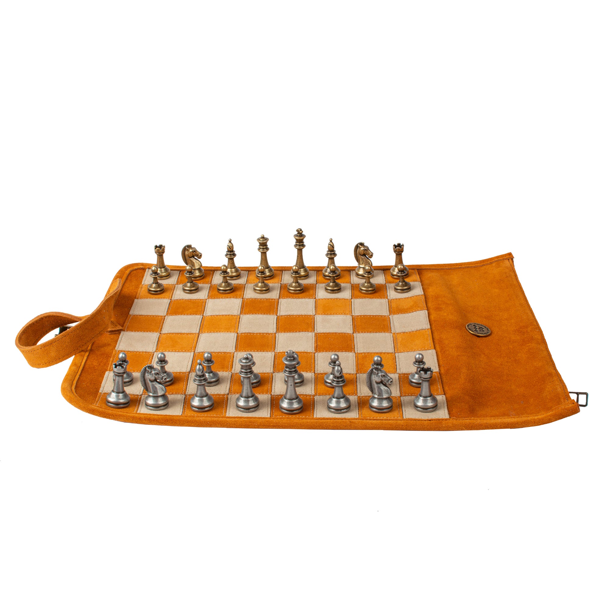 Premium Handcrafted Cinnamon Brown Suede Roll-Up Chess Set with Metal Chessmen - Premium Chess from MANOPOULOS Chess & Backgammon - Just €192! Shop now at MANOPOULOS Chess & Backgammon