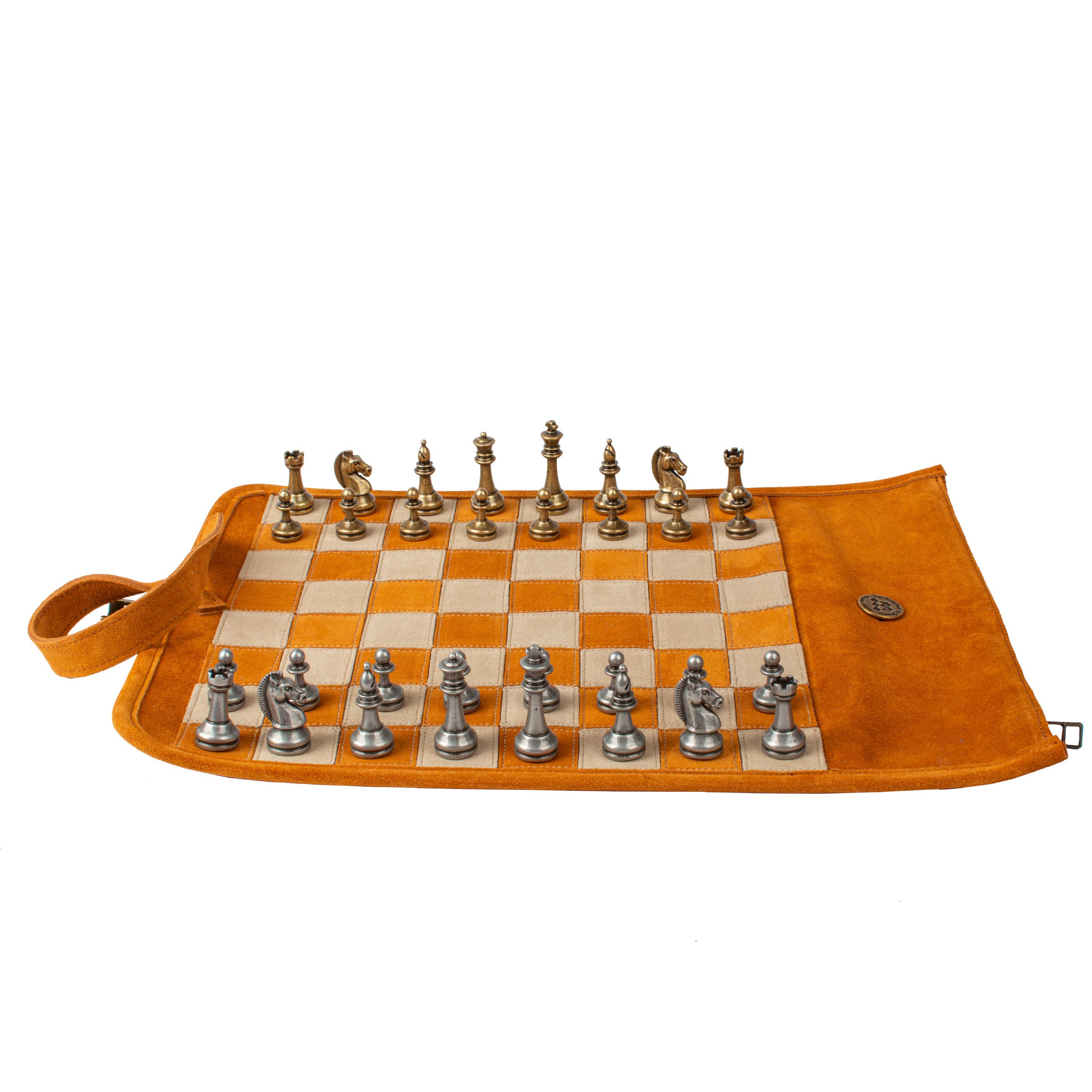 Premium Handcrafted Cinnamon Brown Suede Roll-Up Chess Set with Metal Chessmen - Premium Chess from MANOPOULOS Chess & Backgammon - Just €192! Shop now at MANOPOULOS Chess & Backgammon