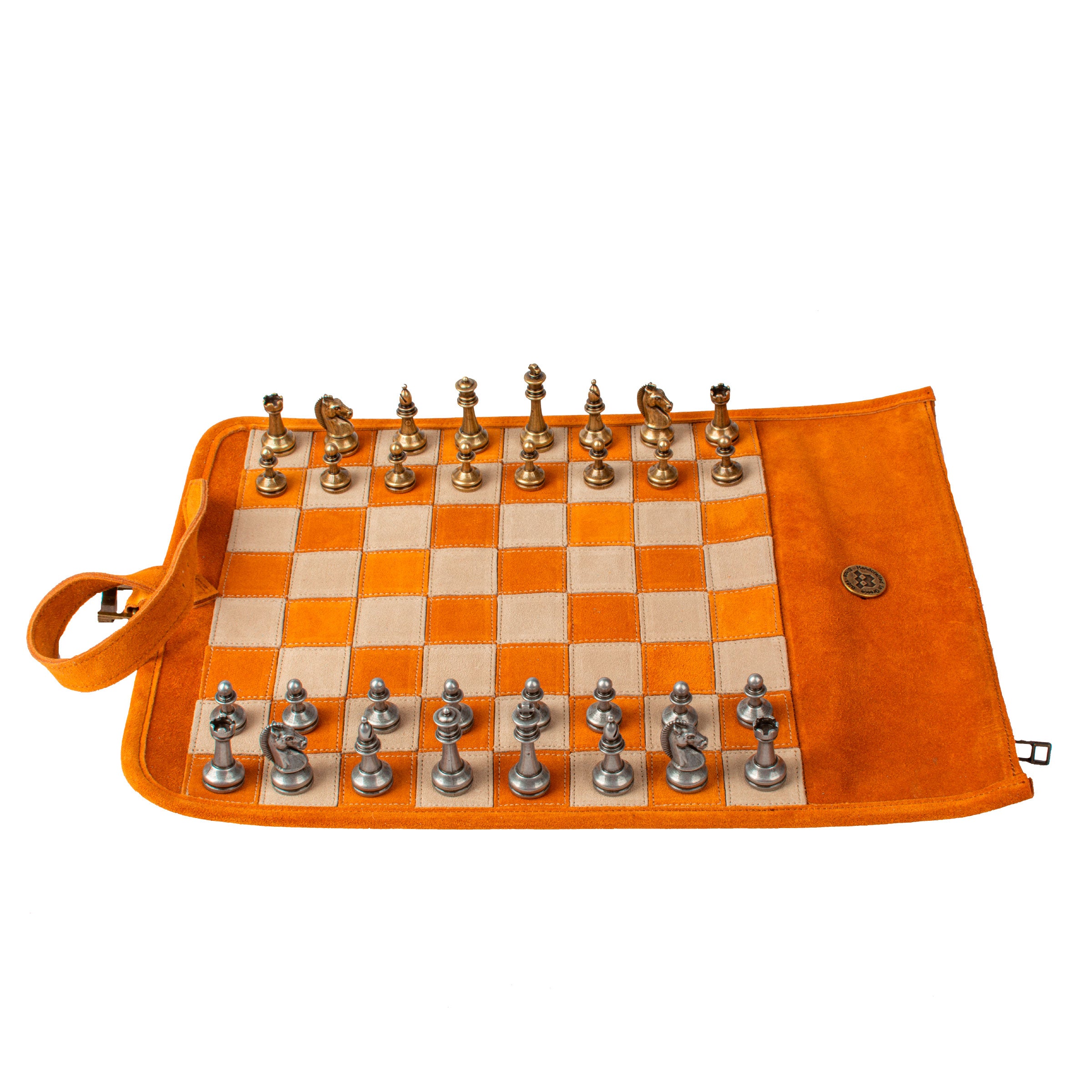 Premium Handcrafted Cinnamon Brown Suede Roll-Up Chess Set with Metal Chessmen - Premium Chess from MANOPOULOS Chess & Backgammon - Just €192! Shop now at MANOPOULOS Chess & Backgammon