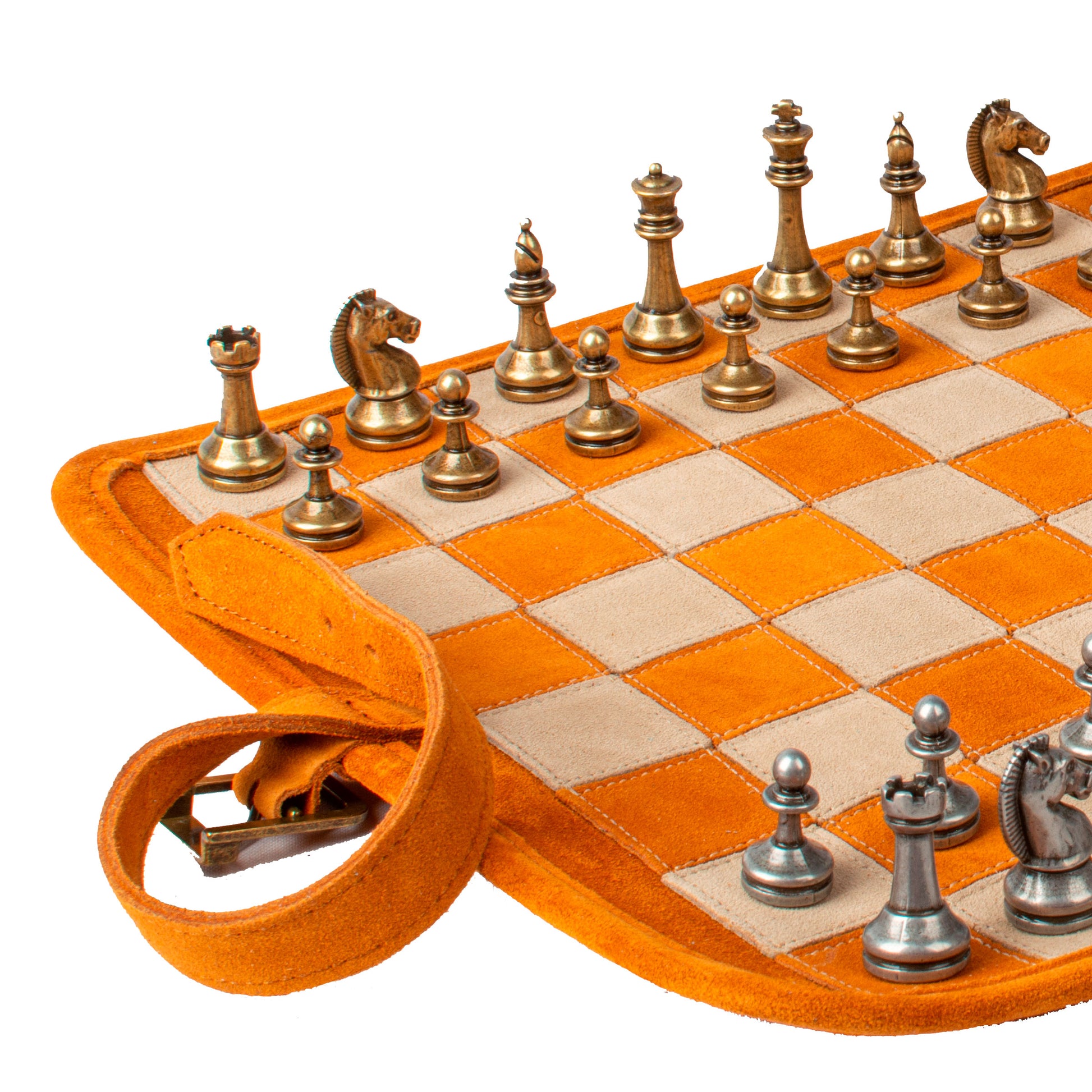 Premium Handcrafted Cinnamon Brown Suede Roll-Up Chess Set with Metal Chessmen - Premium Chess from MANOPOULOS Chess & Backgammon - Just €192! Shop now at MANOPOULOS Chess & Backgammon