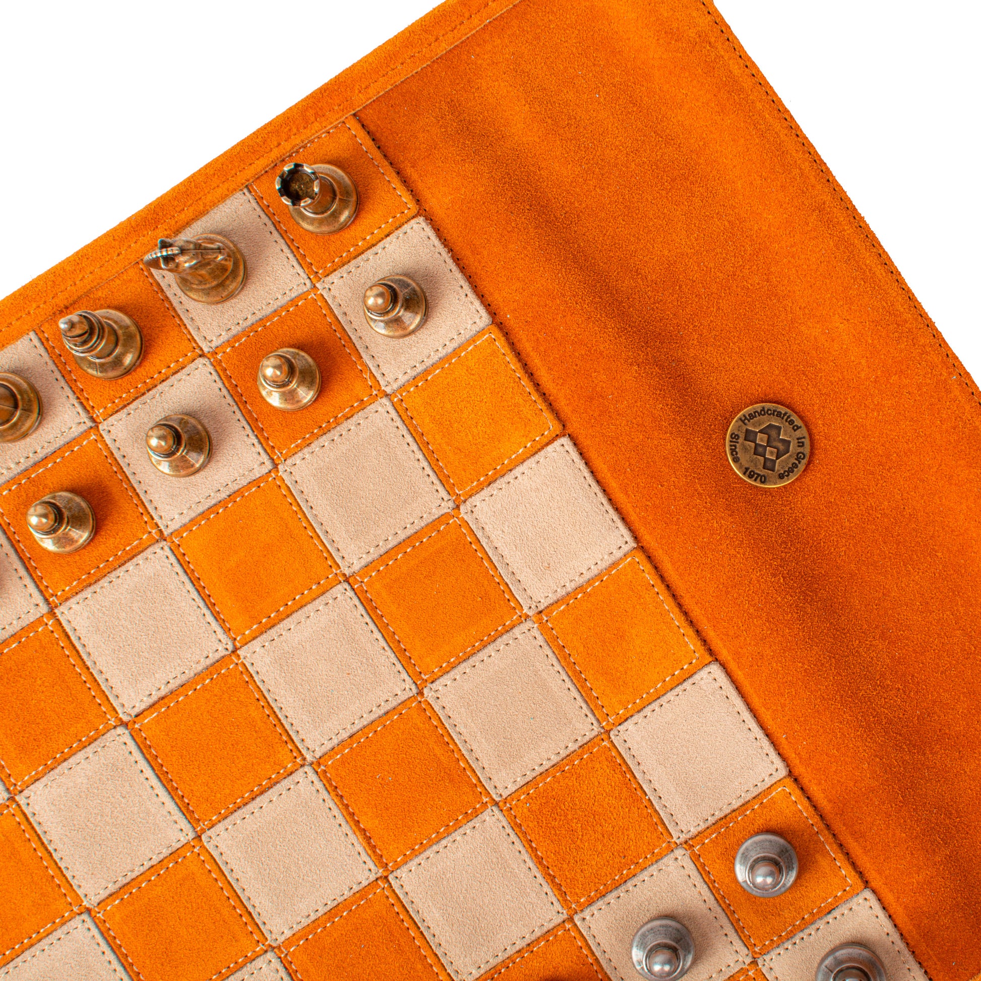 Premium Handcrafted Cinnamon Brown Suede Roll-Up Chess Set with Metal Chessmen - Premium Chess from MANOPOULOS Chess & Backgammon - Just €192! Shop now at MANOPOULOS Chess & Backgammon