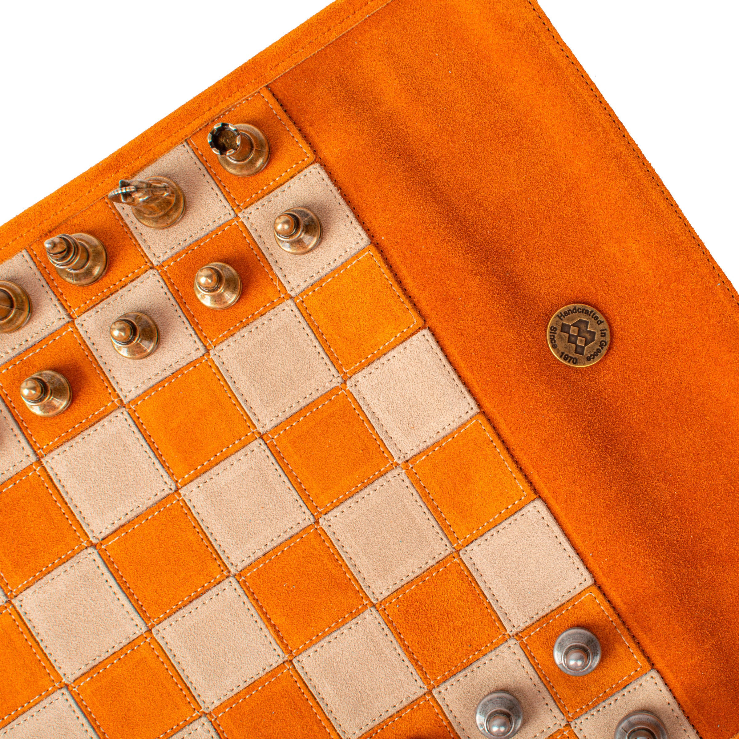 Premium Handcrafted Cinnamon Brown Suede Roll-Up Chess Set with Metal Chessmen - Premium Chess from MANOPOULOS Chess & Backgammon - Just €192! Shop now at MANOPOULOS Chess & Backgammon