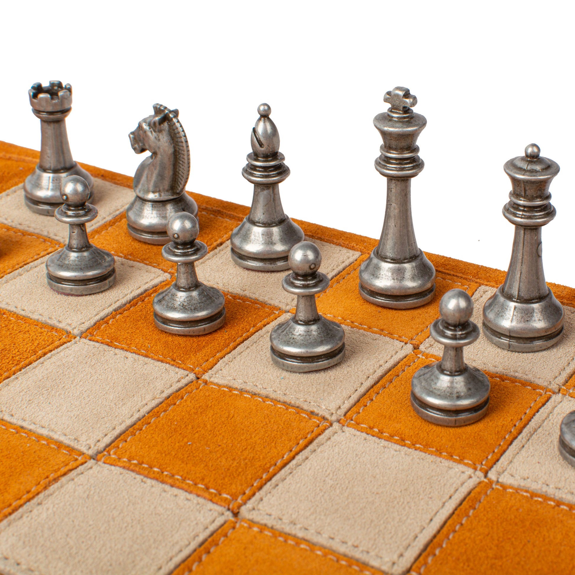 Premium Handcrafted Cinnamon Brown Suede Roll-Up Chess Set with Metal Chessmen - Premium Chess from MANOPOULOS Chess & Backgammon - Just €192! Shop now at MANOPOULOS Chess & Backgammon