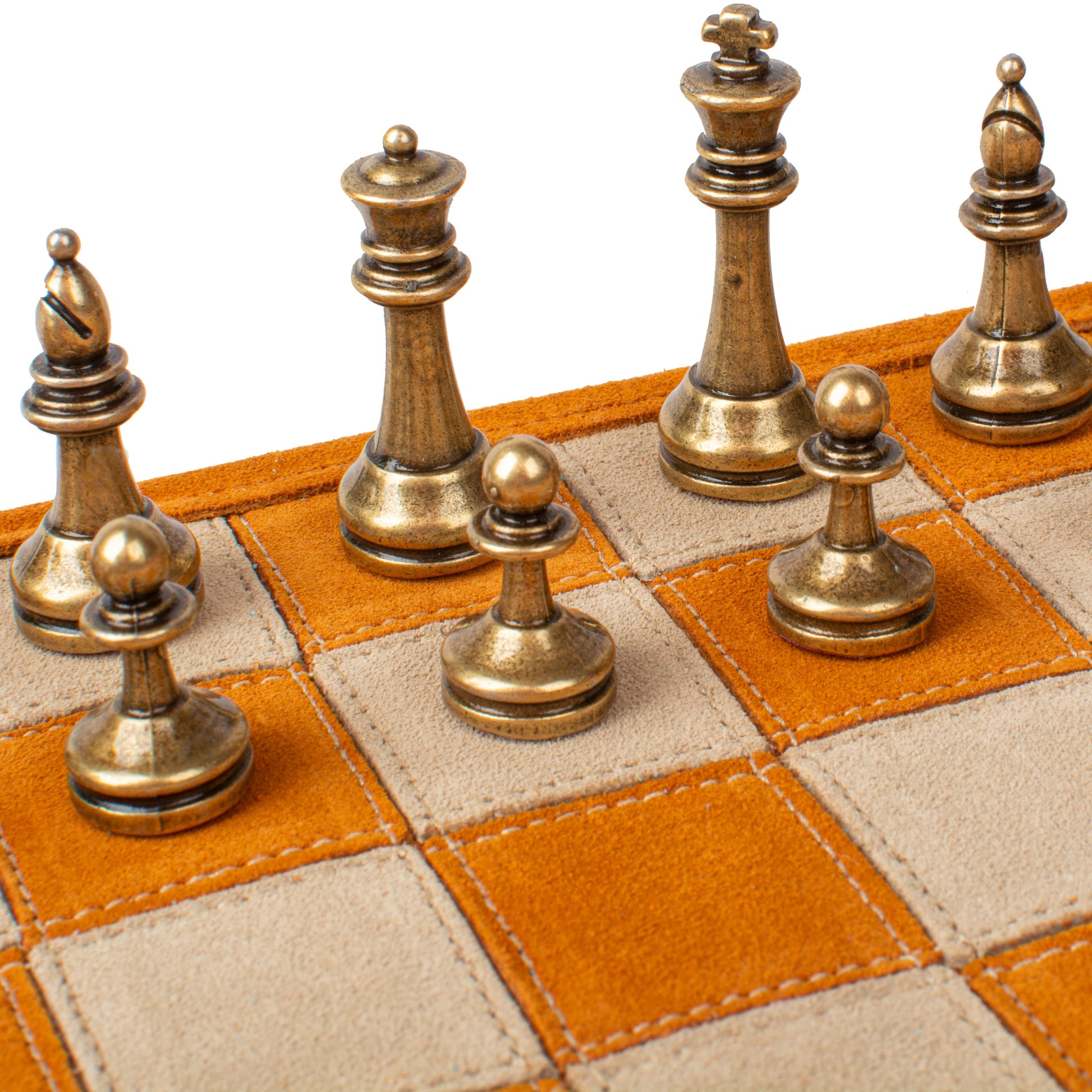 Premium Handcrafted Cinnamon Brown Suede Roll-Up Chess Set with Metal Chessmen - Premium Chess from MANOPOULOS Chess & Backgammon - Just €192! Shop now at MANOPOULOS Chess & Backgammon