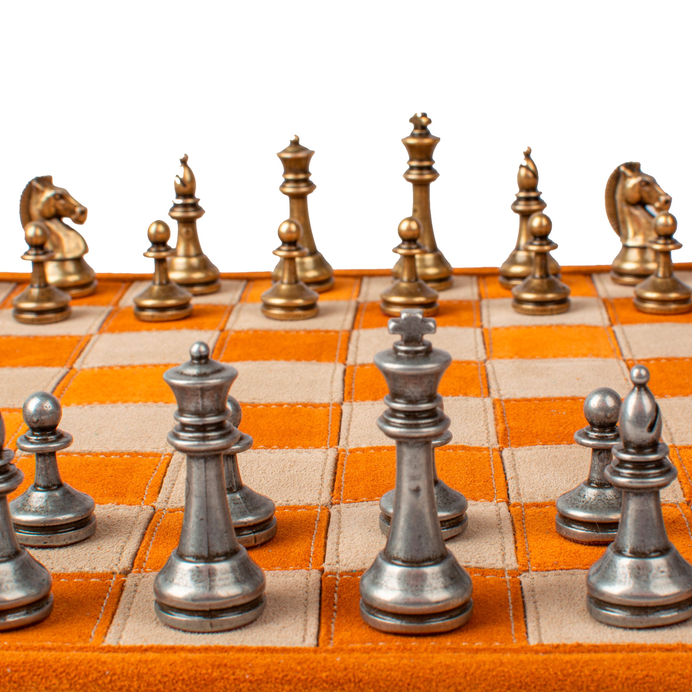 Premium Handcrafted Cinnamon Brown Suede Roll-Up Chess Set with Metal Chessmen - Premium Chess from MANOPOULOS Chess & Backgammon - Just €192! Shop now at MANOPOULOS Chess & Backgammon