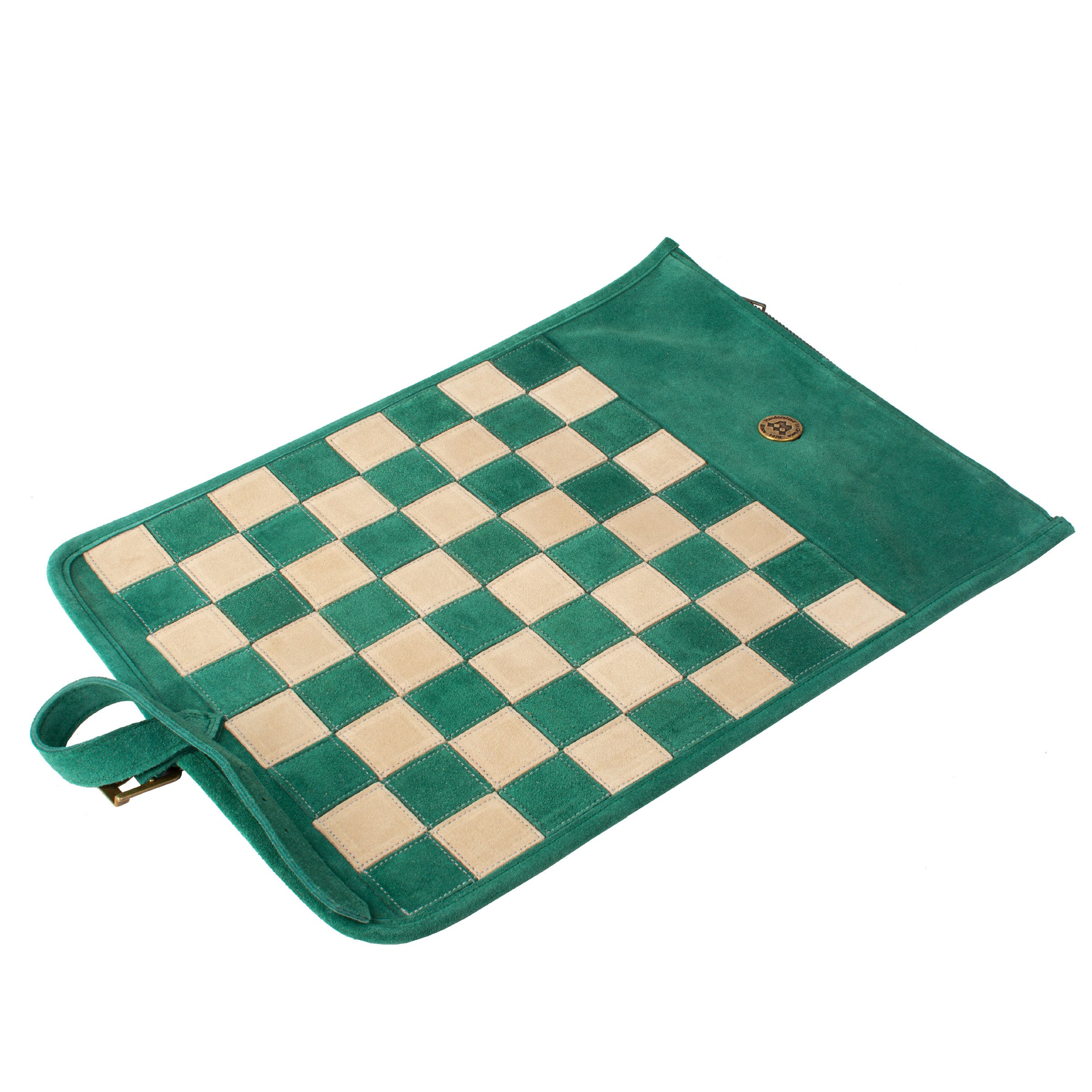 Premium Handcrafted Forest Green Suede Roll-Up Chess Set with Metal Chessmen - Premium Chess from MANOPOULOS Chess & Backgammon - Just €192! Shop now at MANOPOULOS Chess & Backgammon