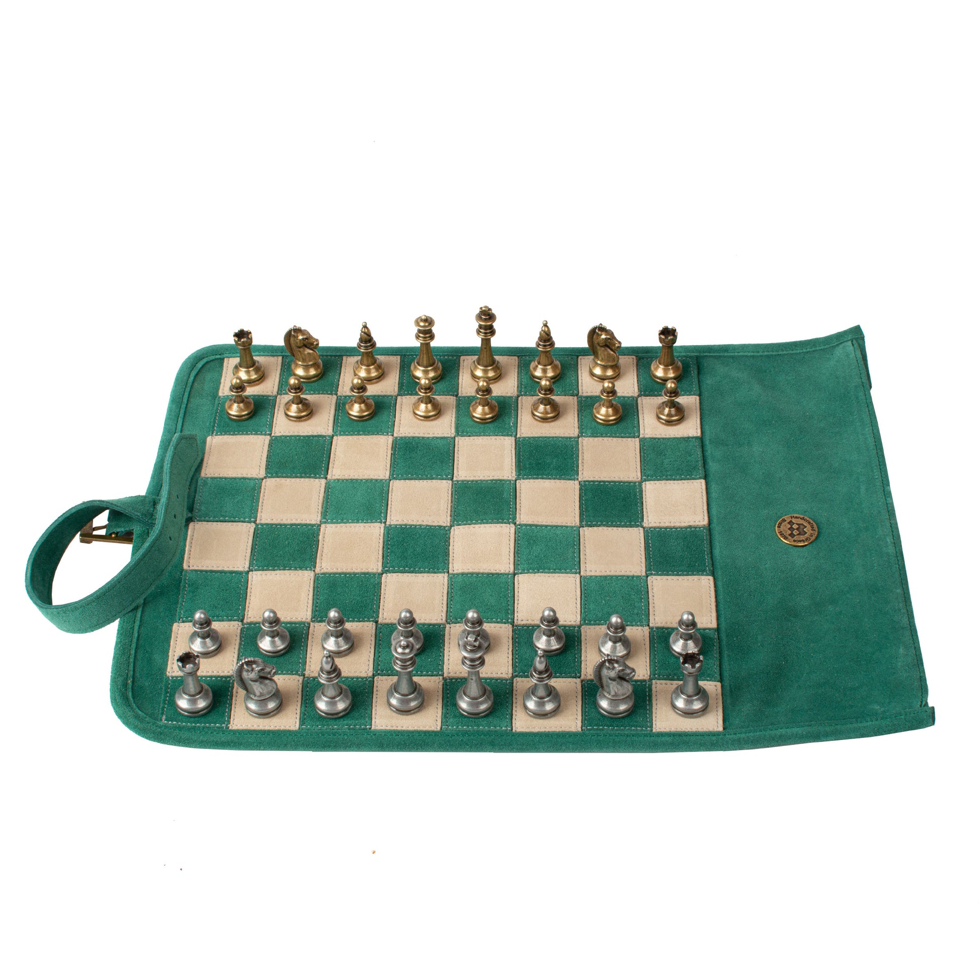 Premium Handcrafted Forest Green Suede Roll-Up Chess Set with Metal Chessmen - Premium Chess from MANOPOULOS Chess & Backgammon - Just €192! Shop now at MANOPOULOS Chess & Backgammon