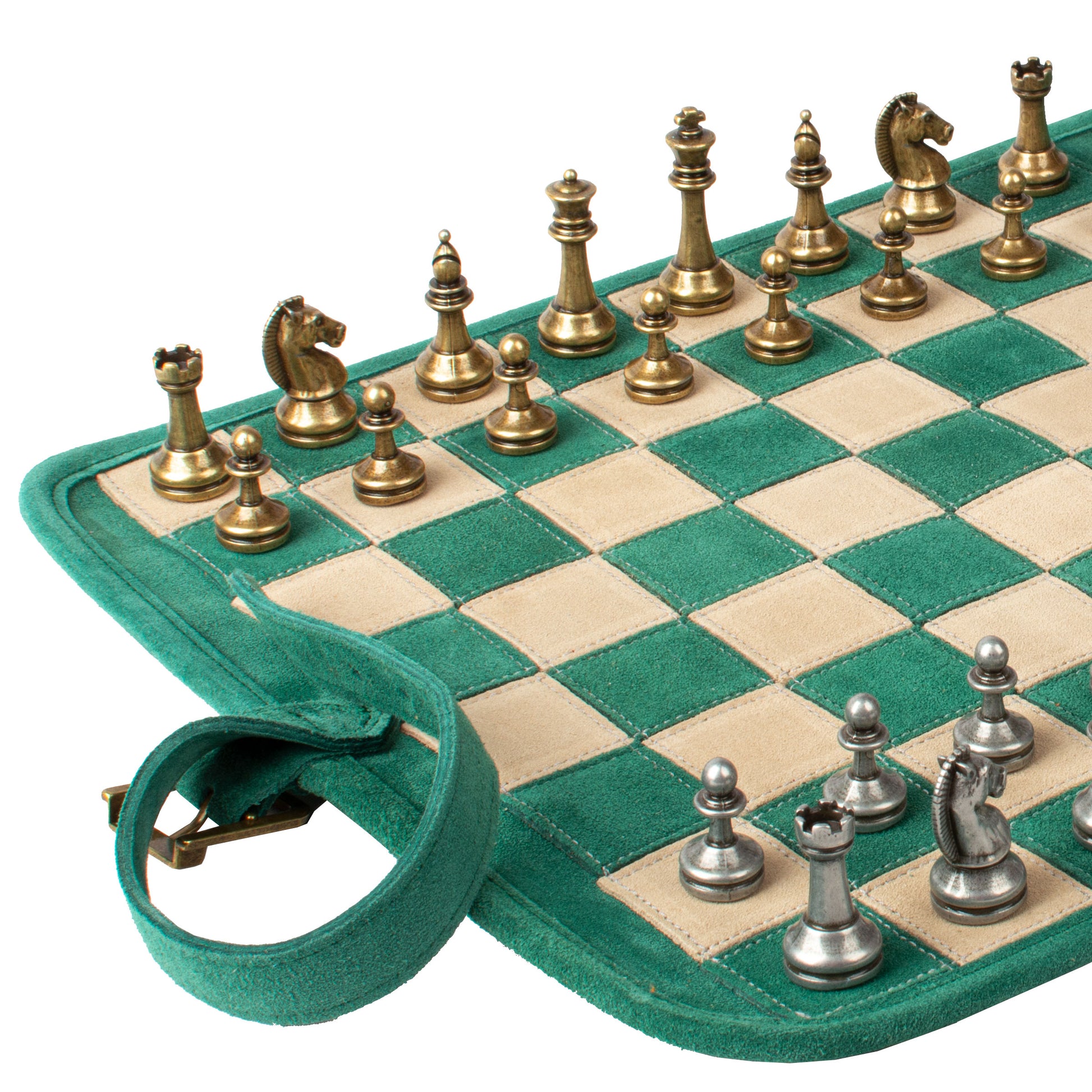 Premium Handcrafted Forest Green Suede Roll-Up Chess Set with Metal Chessmen - Premium Chess from MANOPOULOS Chess & Backgammon - Just €192! Shop now at MANOPOULOS Chess & Backgammon