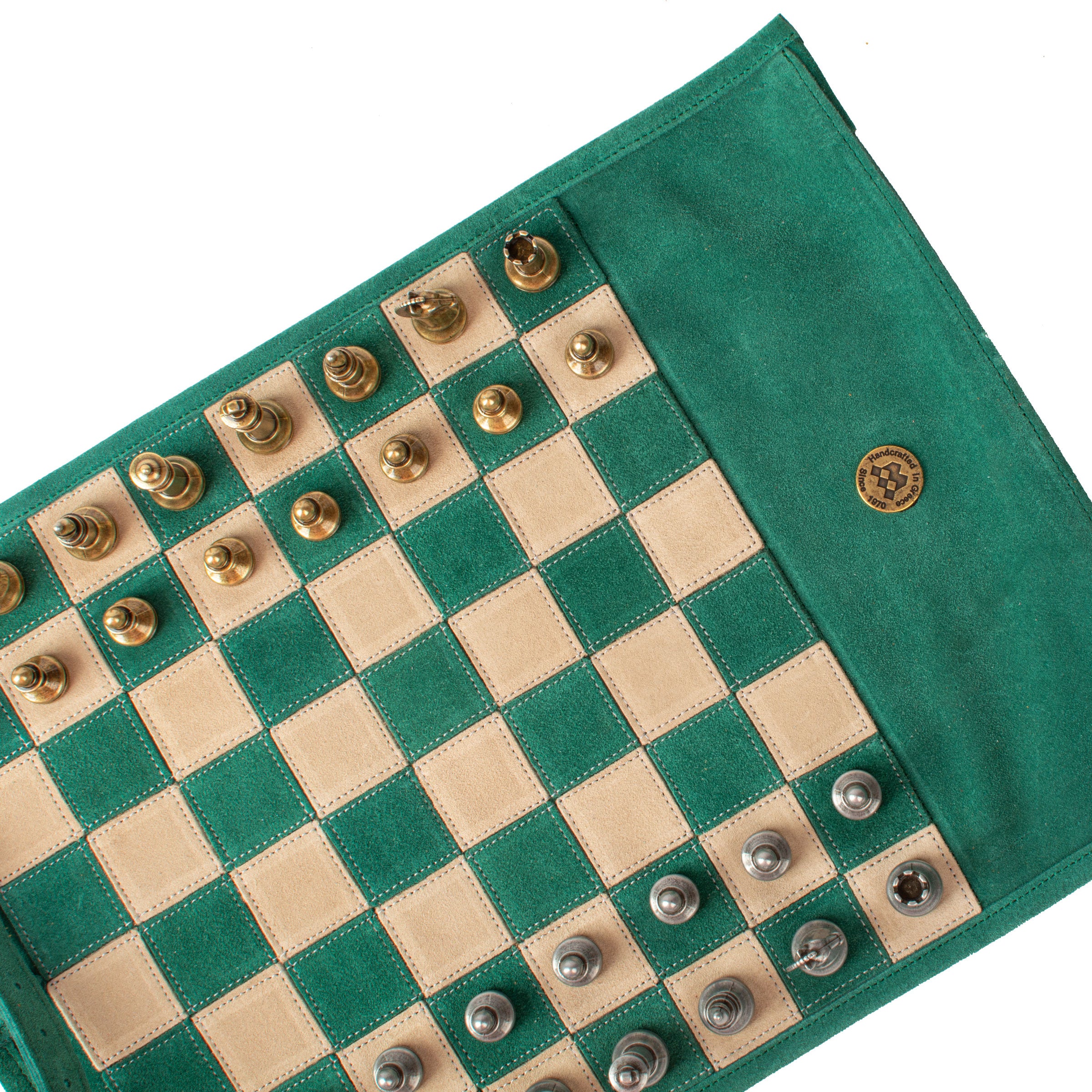 Premium Handcrafted Forest Green Suede Roll-Up Chess Set with Metal Chessmen - Premium Chess from MANOPOULOS Chess & Backgammon - Just €192! Shop now at MANOPOULOS Chess & Backgammon