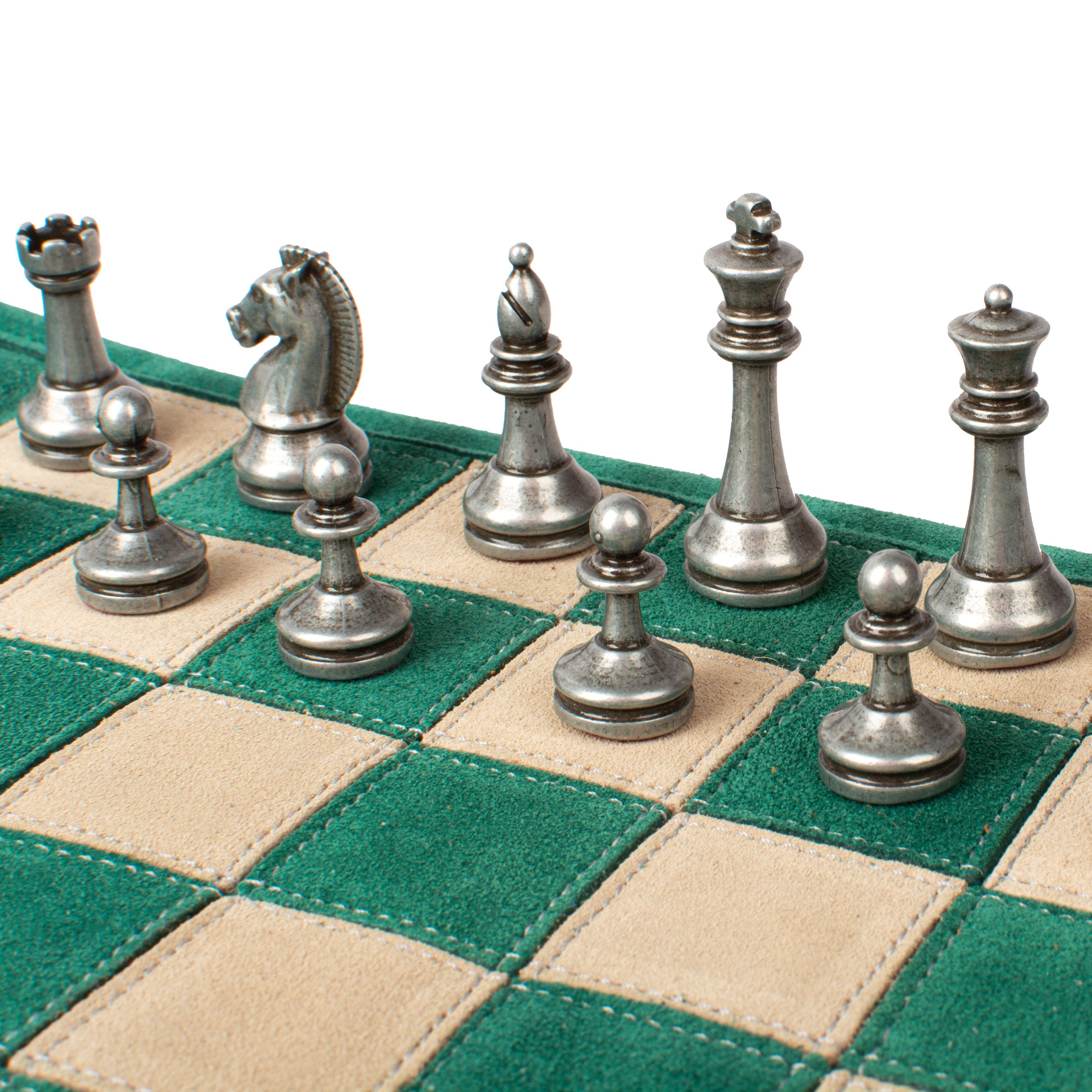 Premium Handcrafted Forest Green Suede Roll-Up Chess Set with Metal Chessmen - Premium Chess from MANOPOULOS Chess & Backgammon - Just €192! Shop now at MANOPOULOS Chess & Backgammon