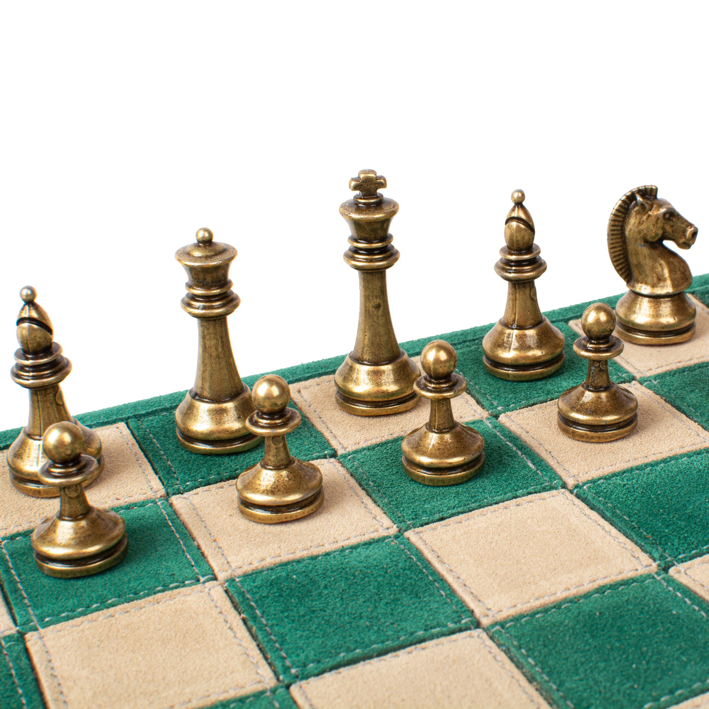 Premium Handcrafted Forest Green Suede Roll-Up Chess Set with Metal Chessmen - Premium Chess from MANOPOULOS Chess & Backgammon - Just €192! Shop now at MANOPOULOS Chess & Backgammon
