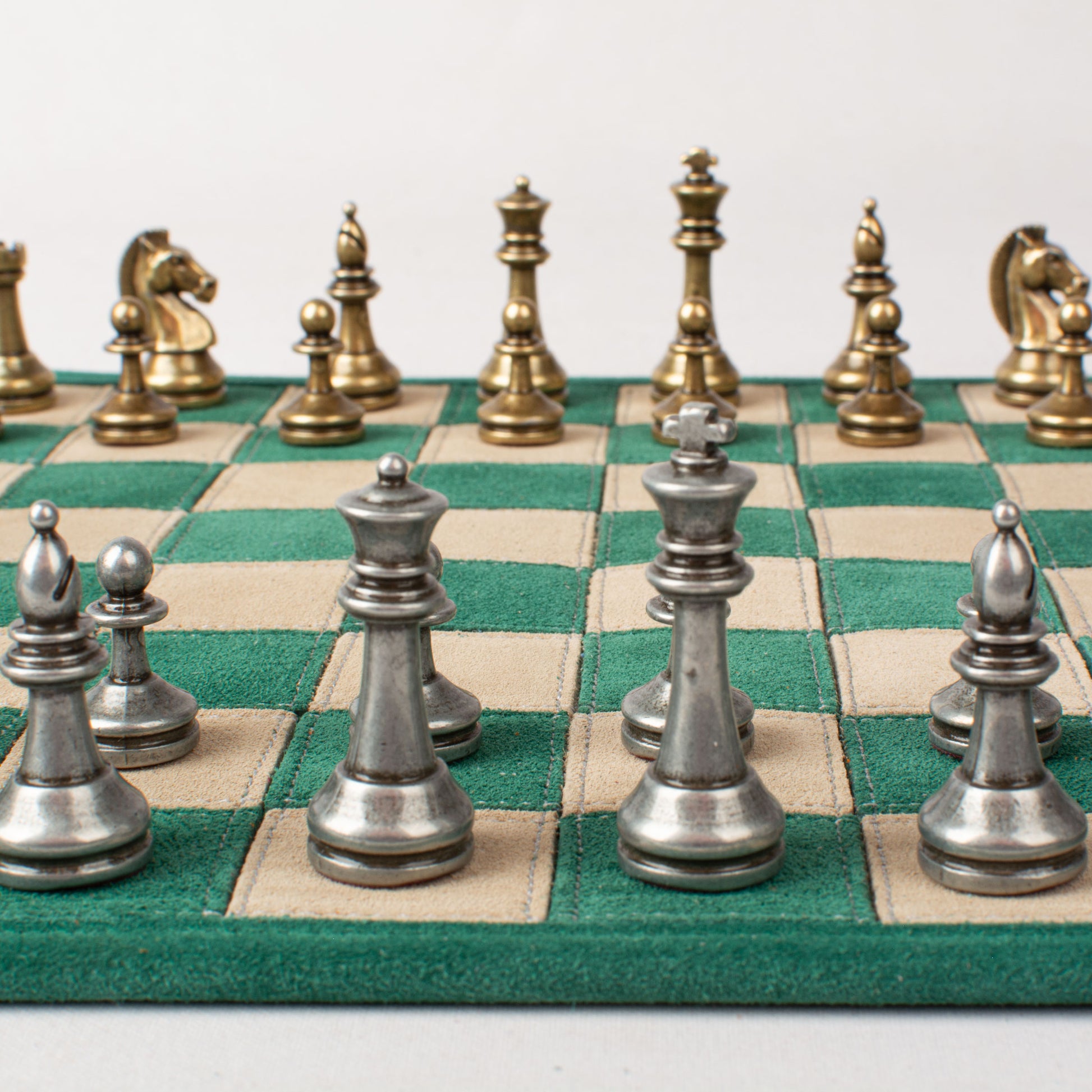Premium Handcrafted Forest Green Suede Roll-Up Chess Set with Metal Chessmen - Premium Chess from MANOPOULOS Chess & Backgammon - Just €192! Shop now at MANOPOULOS Chess & Backgammon