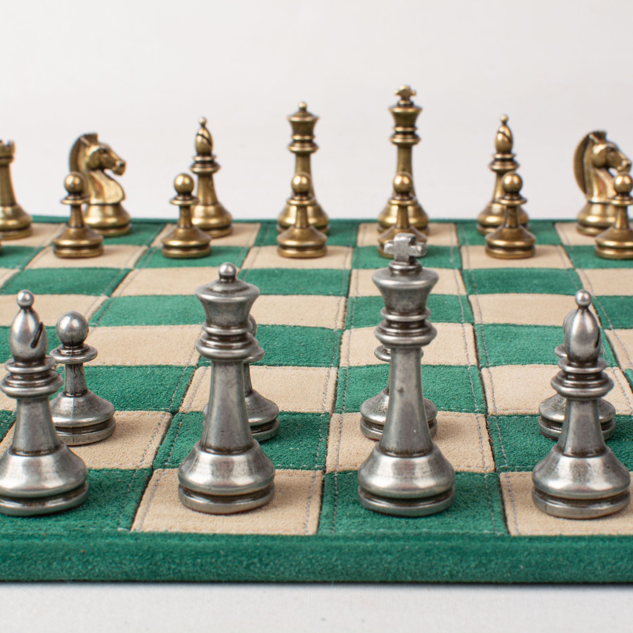 Premium Handcrafted Forest Green Suede Roll-Up Chess Set with Metal Chessmen - Premium Chess from MANOPOULOS Chess & Backgammon - Just €192! Shop now at MANOPOULOS Chess & Backgammon