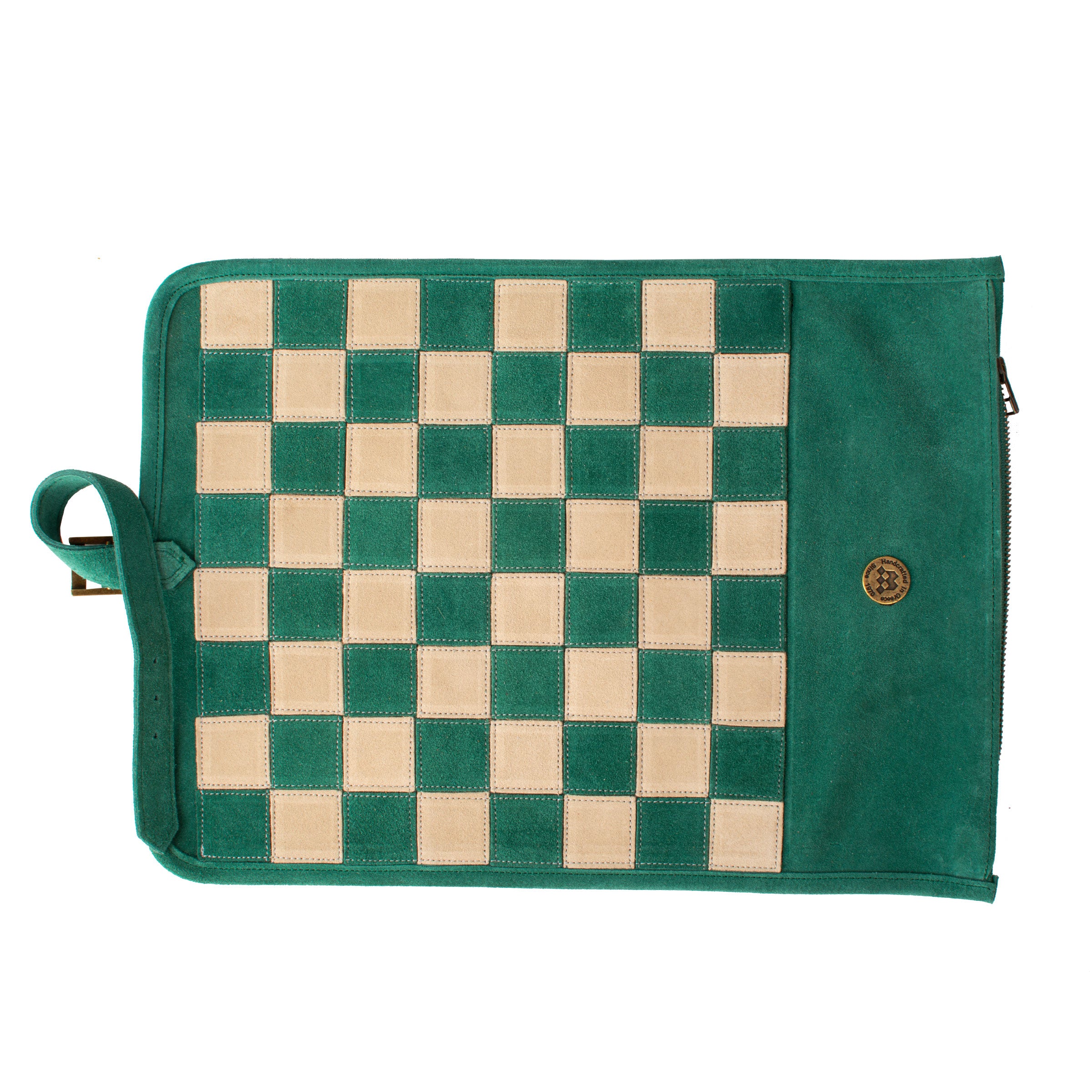 Premium Handcrafted Forest Green Suede Roll-Up Chess Set with Metal Chessmen - Premium Chess from MANOPOULOS Chess & Backgammon - Just €192! Shop now at MANOPOULOS Chess & Backgammon