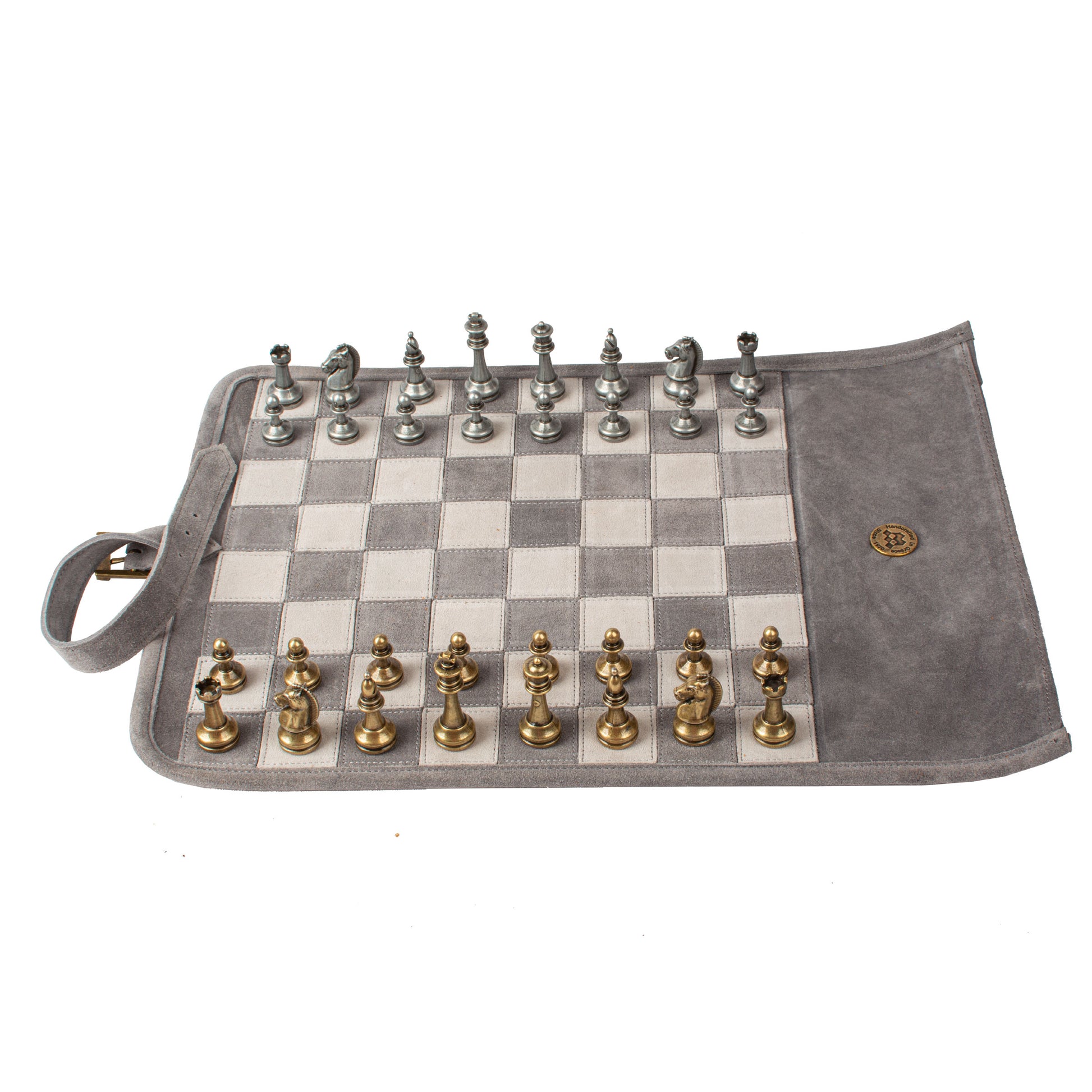 Premium Handcrafted Grey Suede Roll-Up Chess Set with Metal Chessmen - Premium Chess from MANOPOULOS Chess & Backgammon - Just €192! Shop now at MANOPOULOS Chess & Backgammon