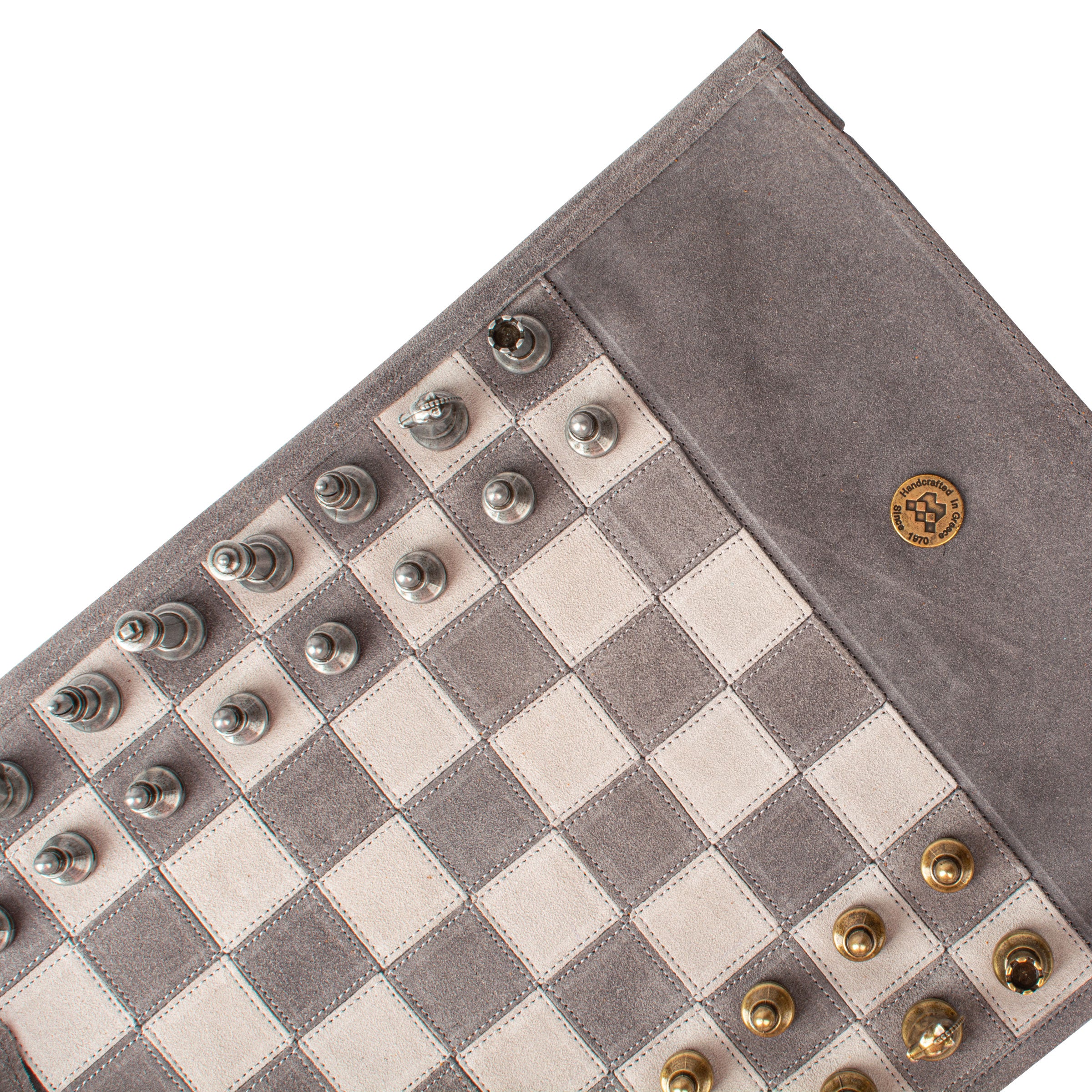 Premium Handcrafted Grey Suede Roll-Up Chess Set with Metal Chessmen - Premium Chess from MANOPOULOS Chess & Backgammon - Just €192! Shop now at MANOPOULOS Chess & Backgammon