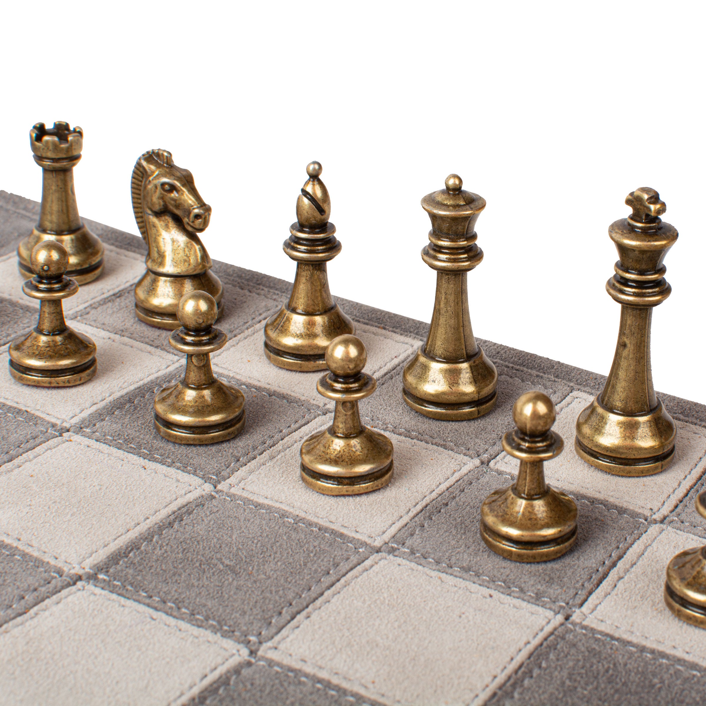 Premium Handcrafted Grey Suede Roll-Up Chess Set with Metal Chessmen - Premium Chess from MANOPOULOS Chess & Backgammon - Just €192! Shop now at MANOPOULOS Chess & Backgammon