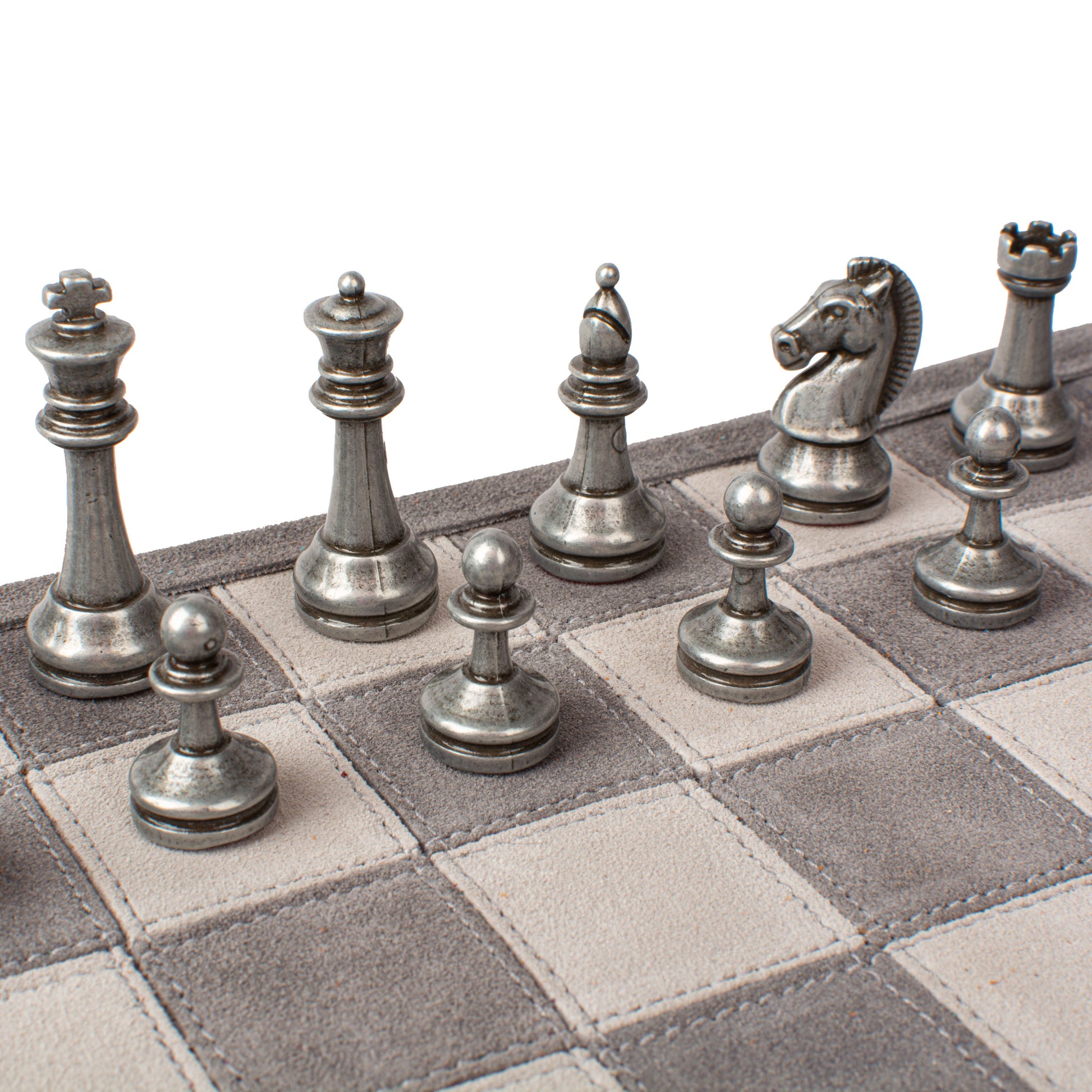 Premium Handcrafted Grey Suede Roll-Up Chess Set with Metal Chessmen - Premium Chess from MANOPOULOS Chess & Backgammon - Just €192! Shop now at MANOPOULOS Chess & Backgammon