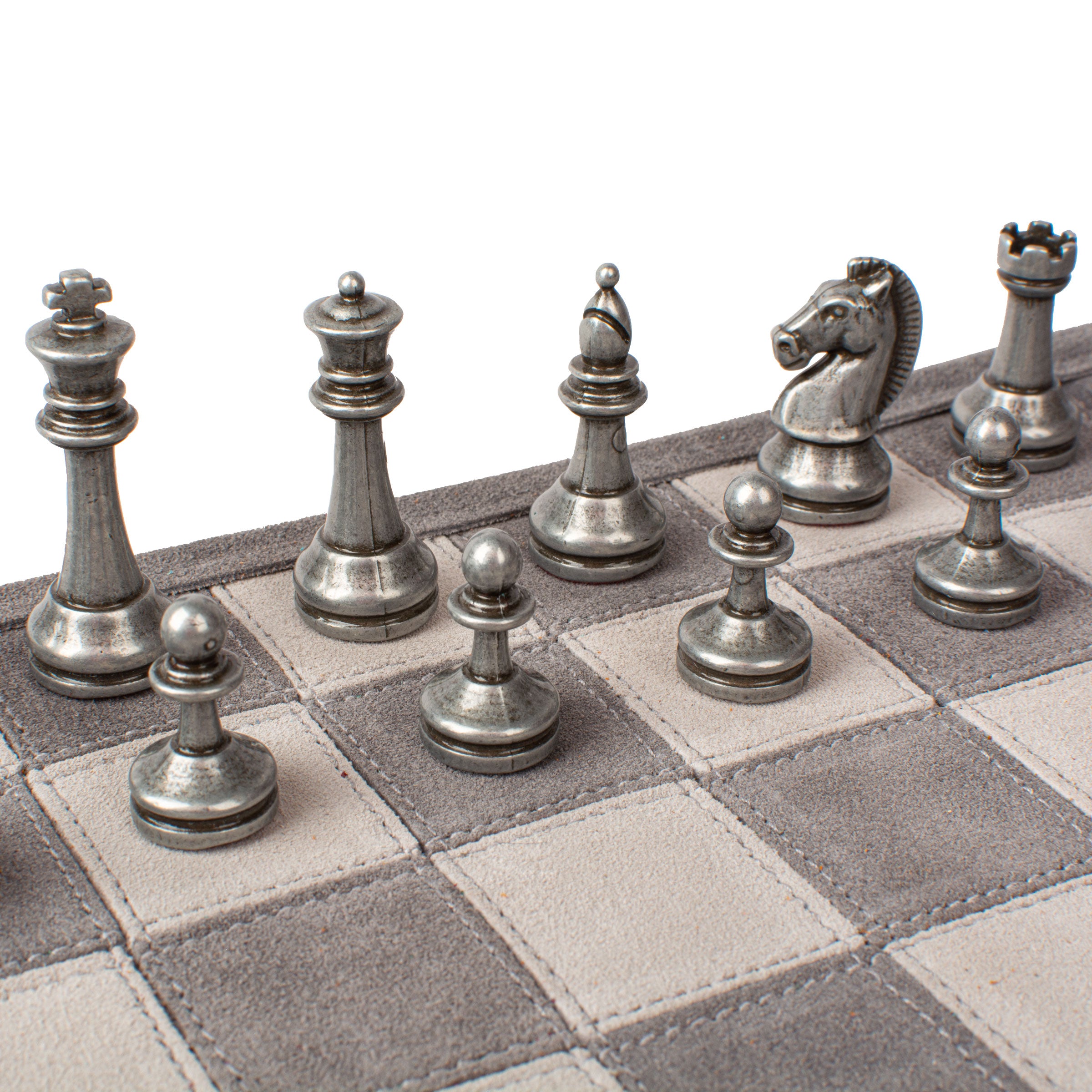 Premium Handcrafted Grey Suede Roll-Up Chess Set with Metal Chessmen - Premium Chess from MANOPOULOS Chess & Backgammon - Just €192! Shop now at MANOPOULOS Chess & Backgammon