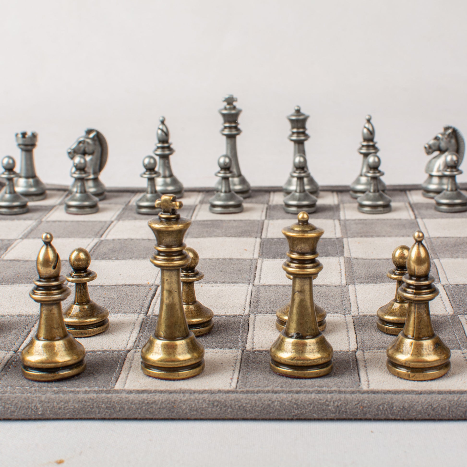 Premium Handcrafted Grey Suede Roll-Up Chess Set with Metal Chessmen - Premium Chess from MANOPOULOS Chess & Backgammon - Just €192! Shop now at MANOPOULOS Chess & Backgammon