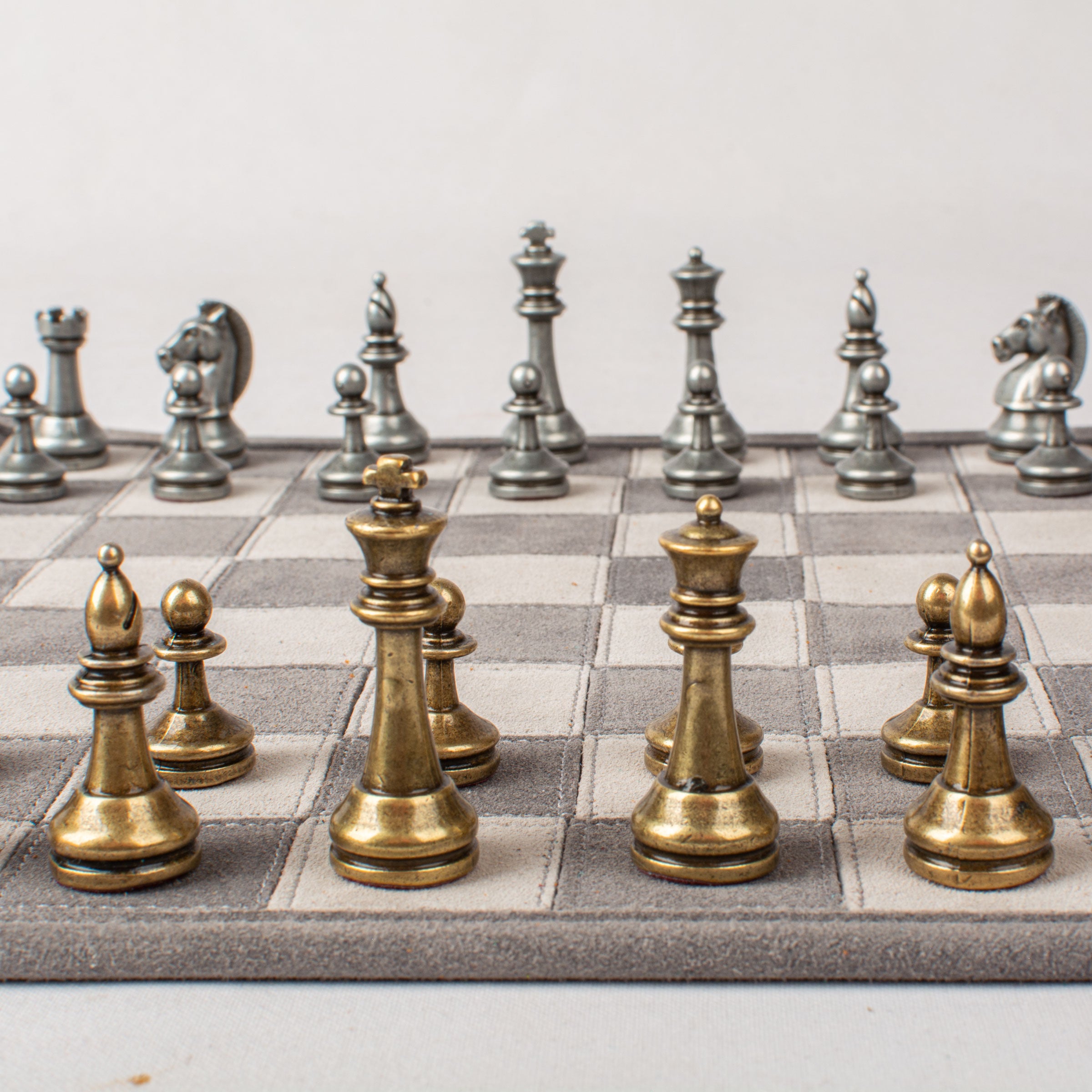 Premium Handcrafted Grey Suede Roll-Up Chess Set with Metal Chessmen - Premium Chess from MANOPOULOS Chess & Backgammon - Just €192! Shop now at MANOPOULOS Chess & Backgammon