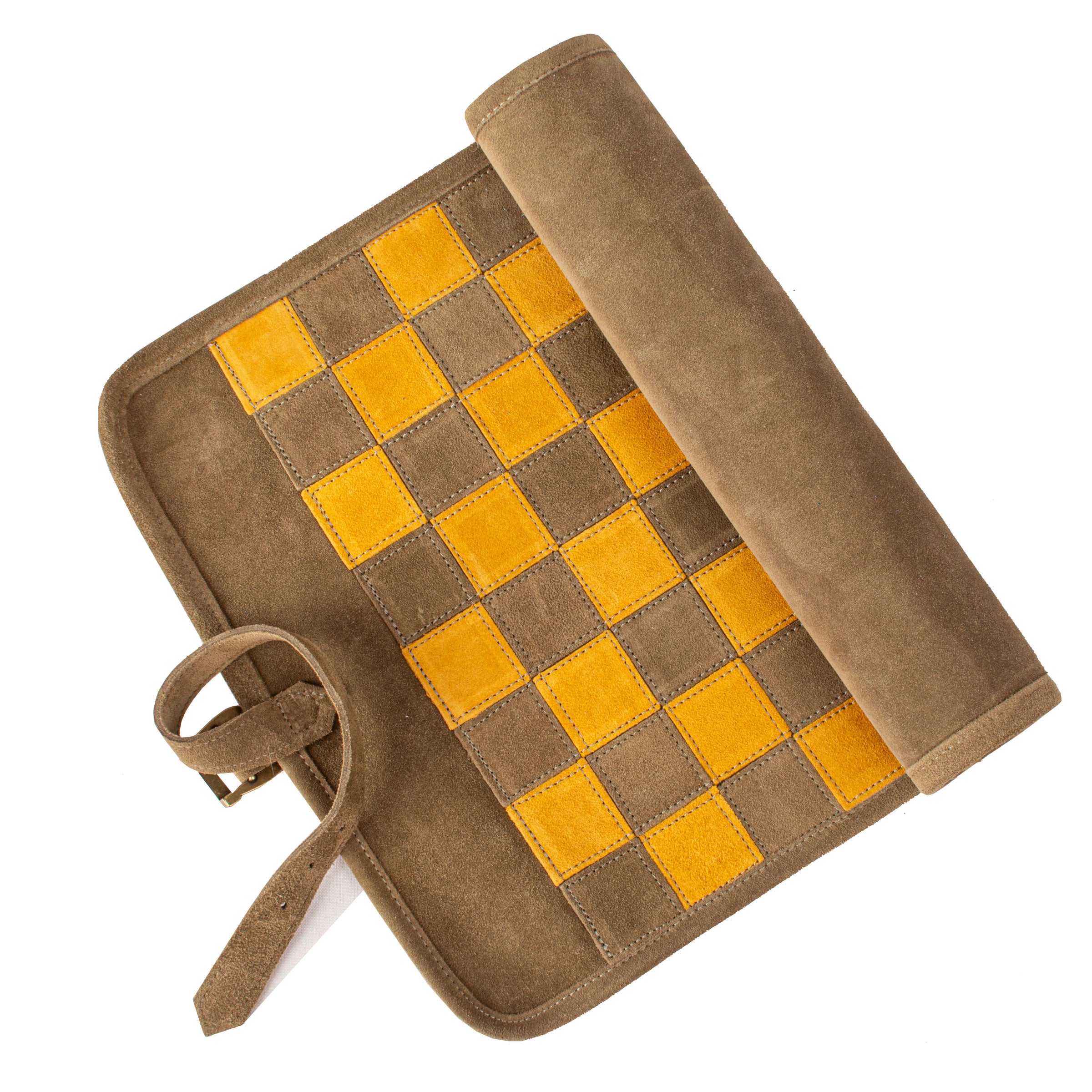 Premium Handcrafted Khaki Brown Suede Roll-Up Chess Set with Metal Chessmen - Premium Chess from MANOPOULOS Chess & Backgammon - Just €192! Shop now at MANOPOULOS Chess & Backgammon