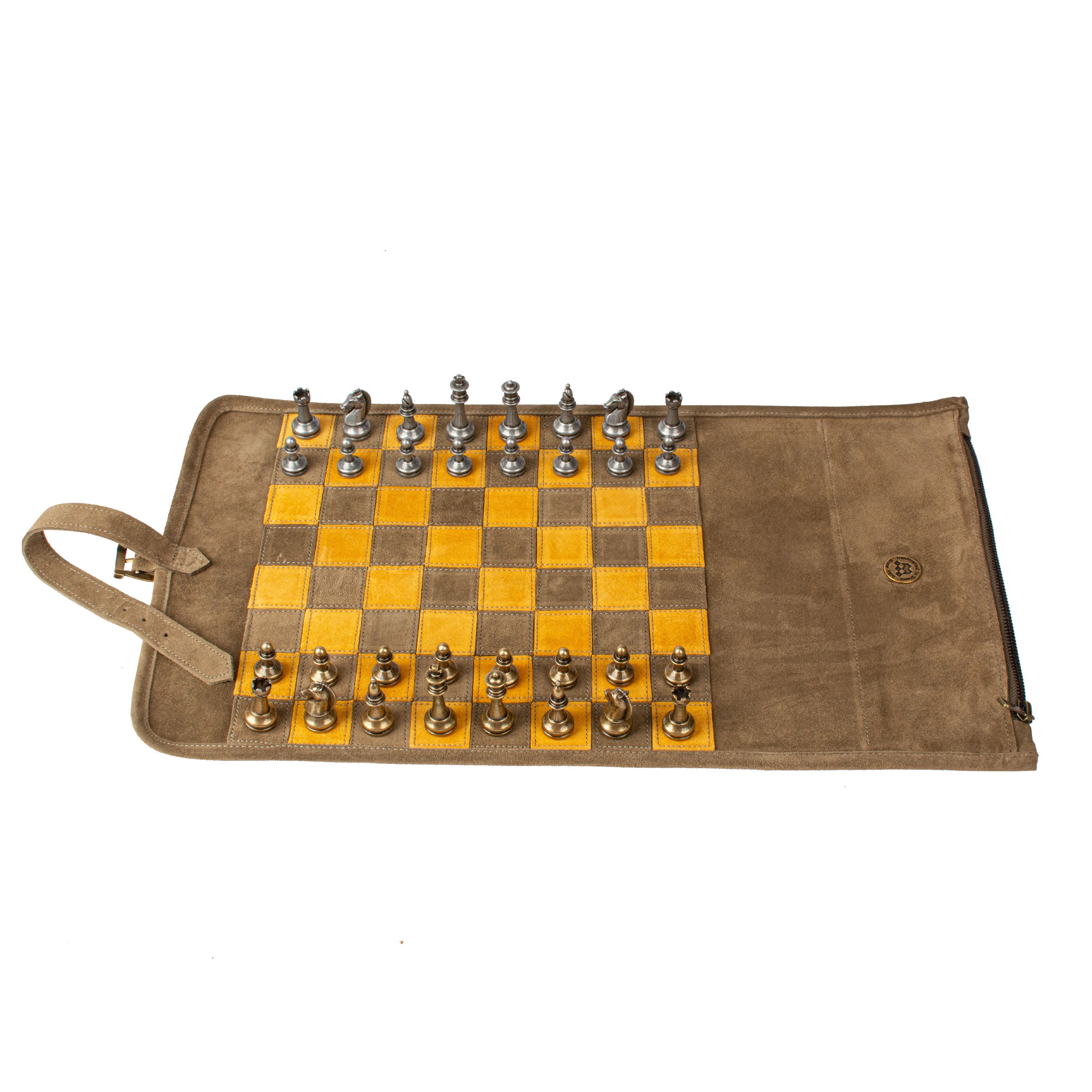Premium Handcrafted Khaki Brown Suede Roll-Up Chess Set with Metal Chessmen - Premium Chess from MANOPOULOS Chess & Backgammon - Just €192! Shop now at MANOPOULOS Chess & Backgammon