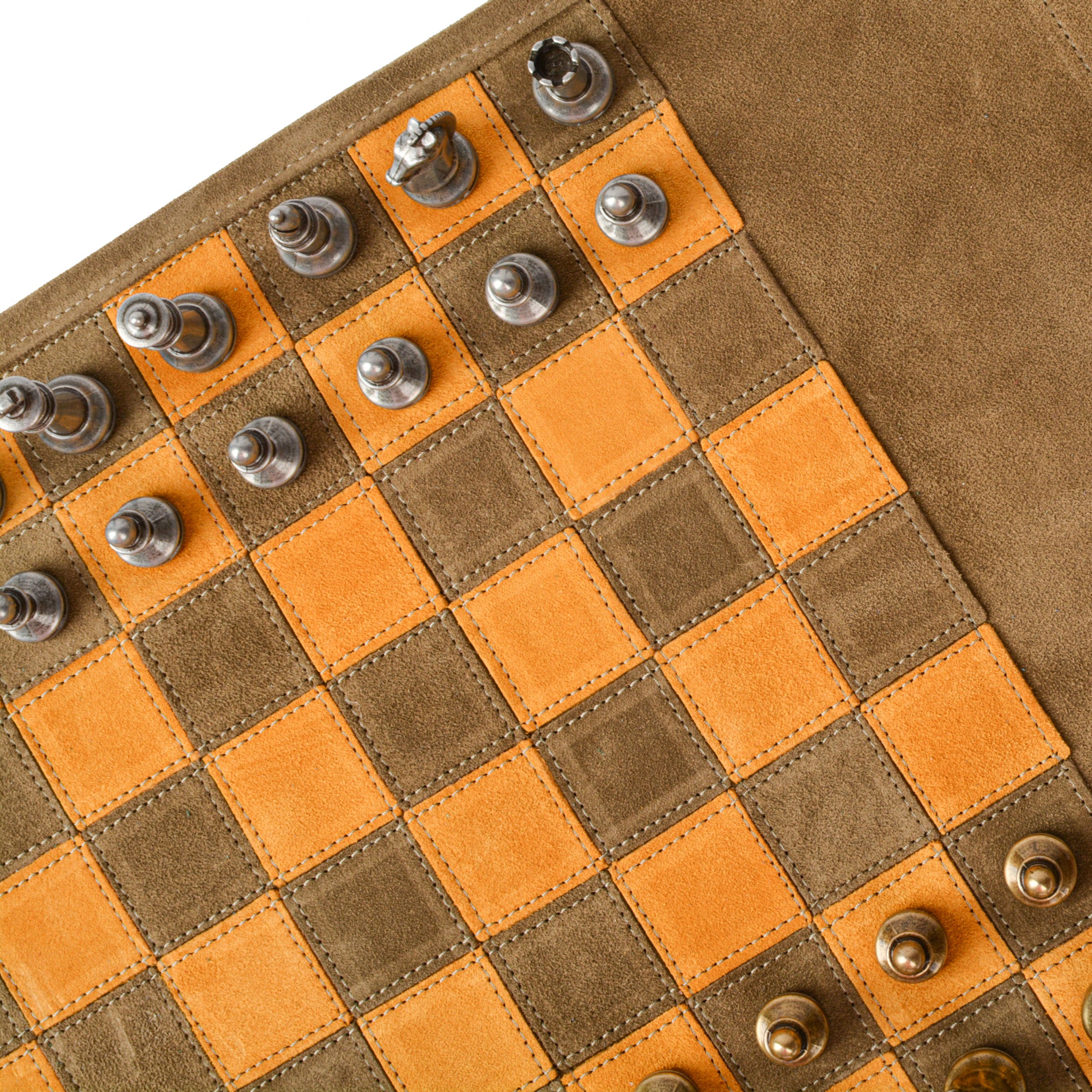 Premium Handcrafted Khaki Brown Suede Roll-Up Chess Set with Metal Chessmen - Premium Chess from MANOPOULOS Chess & Backgammon - Just €192! Shop now at MANOPOULOS Chess & Backgammon