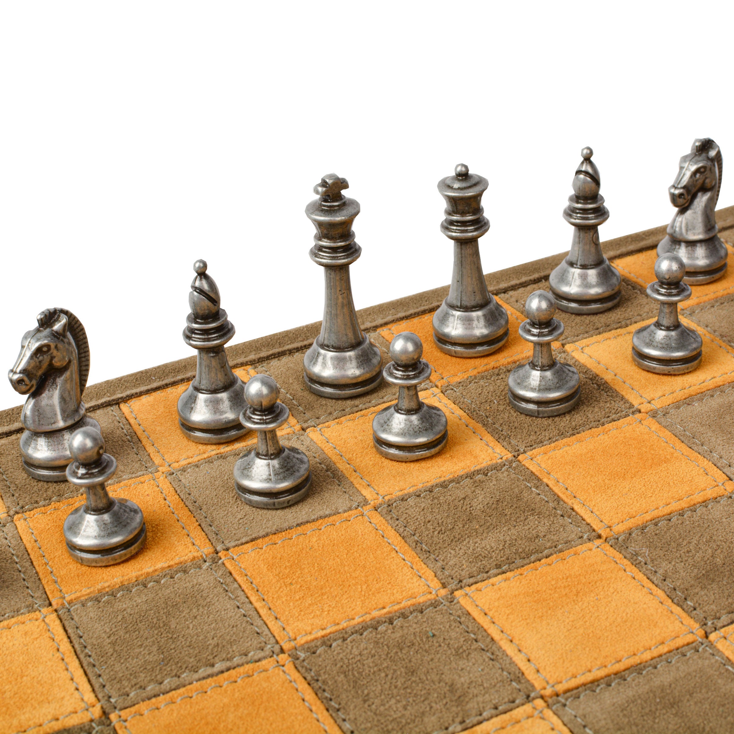 Premium Handcrafted Khaki Brown Suede Roll-Up Chess Set with Metal Chessmen - Premium Chess from MANOPOULOS Chess & Backgammon - Just €192! Shop now at MANOPOULOS Chess & Backgammon